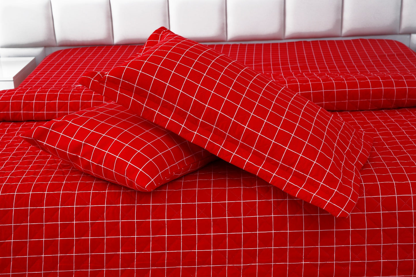 6 PCs Bed Spread Set-Red Check Bed Spread Apricot   