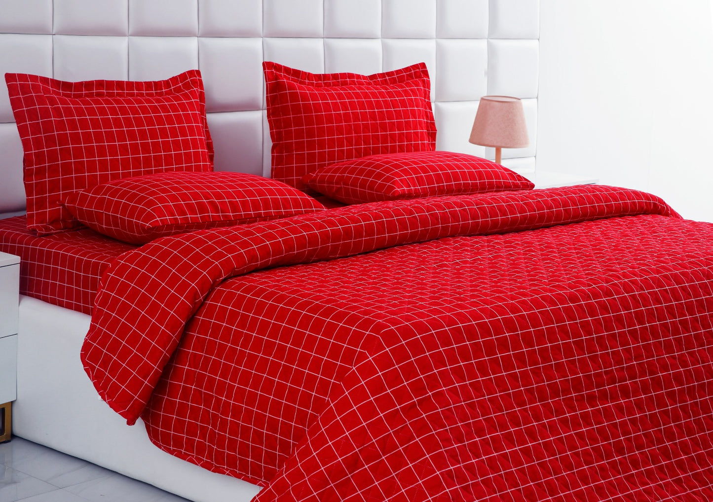 6 PCs Bed Spread Set-Red Check Bed Spread Apricot   