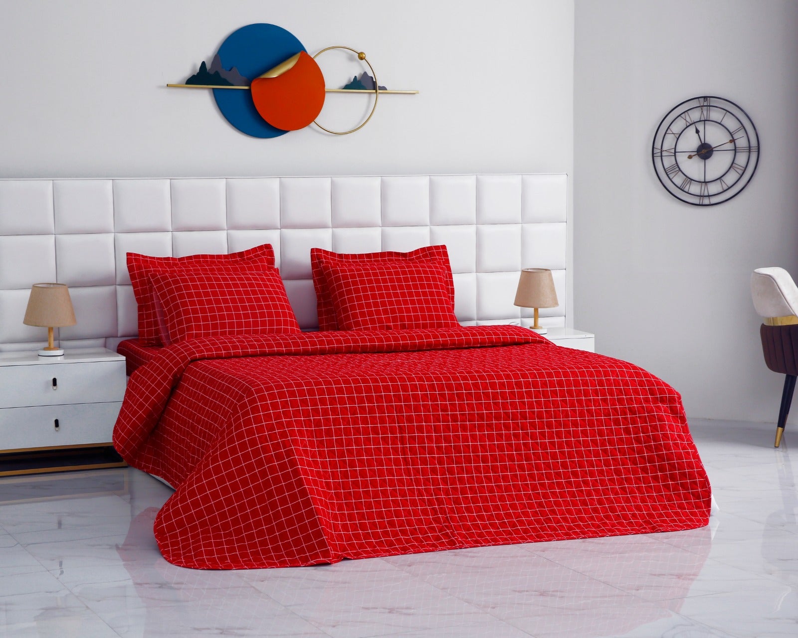 6 PCs Bed Spread Set-Red Check Bed Spread Apricot   