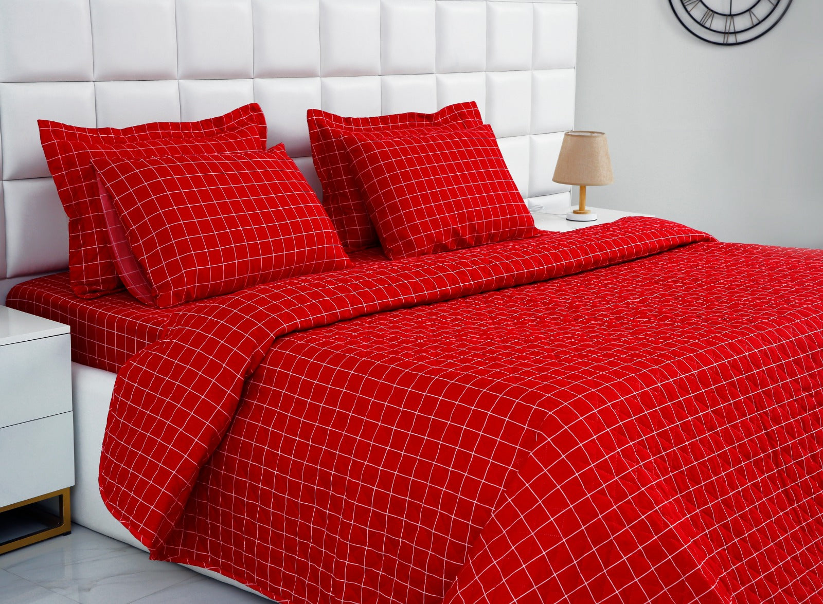 6 PCs Bed Spread Set-Red Check Bed Spread Apricot   