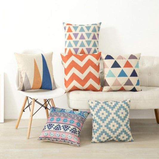 6 PCs Digital Printed Cotton Cushions-Multi Geometric cushions Apricot   