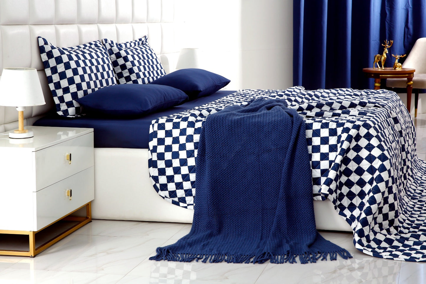 6 PCs Printed Bed Spread Set-Blue Chess Bed Spread Apricot   