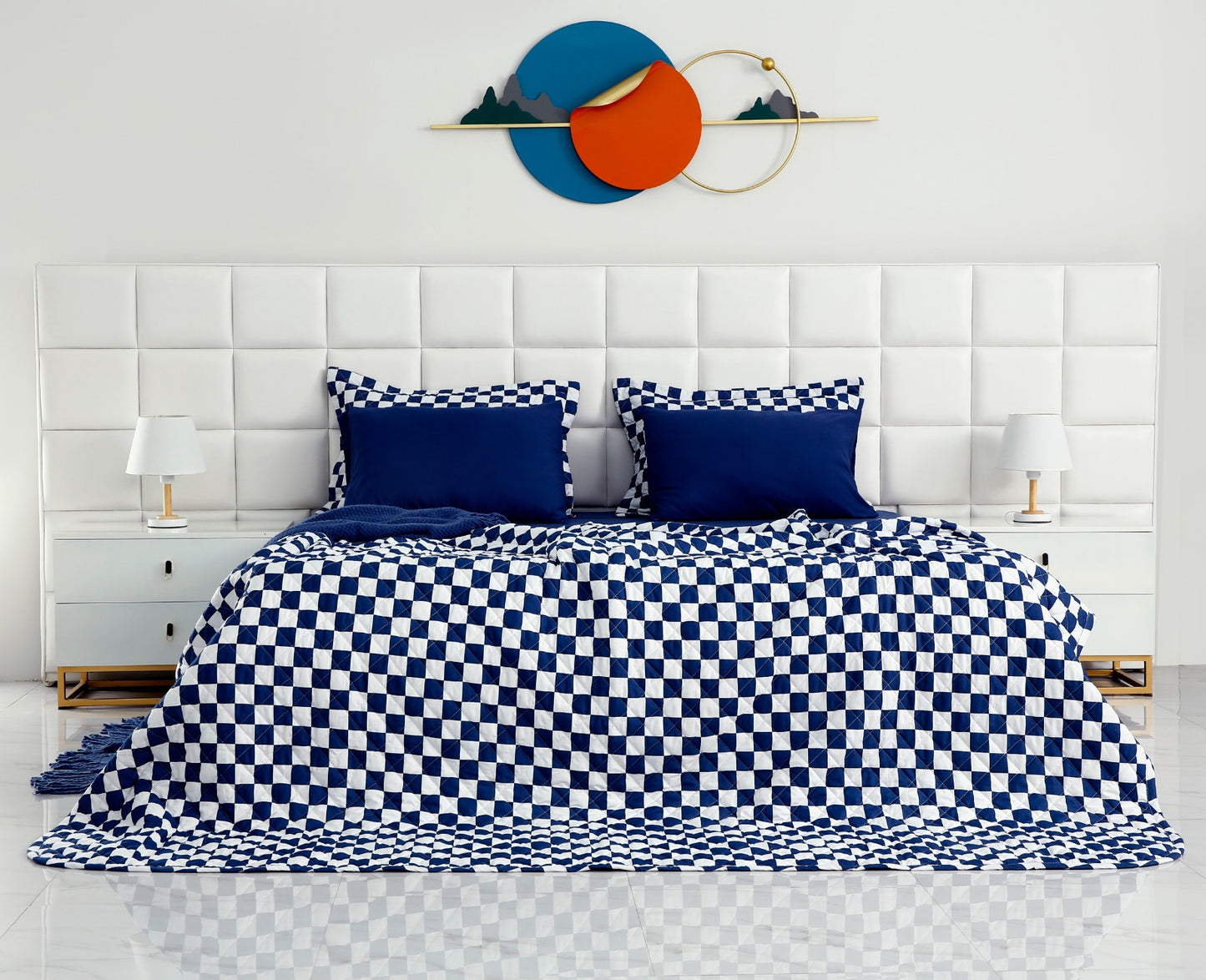 6 PCs Printed Bed Spread Set-Blue Chess Bed Spread Apricot   