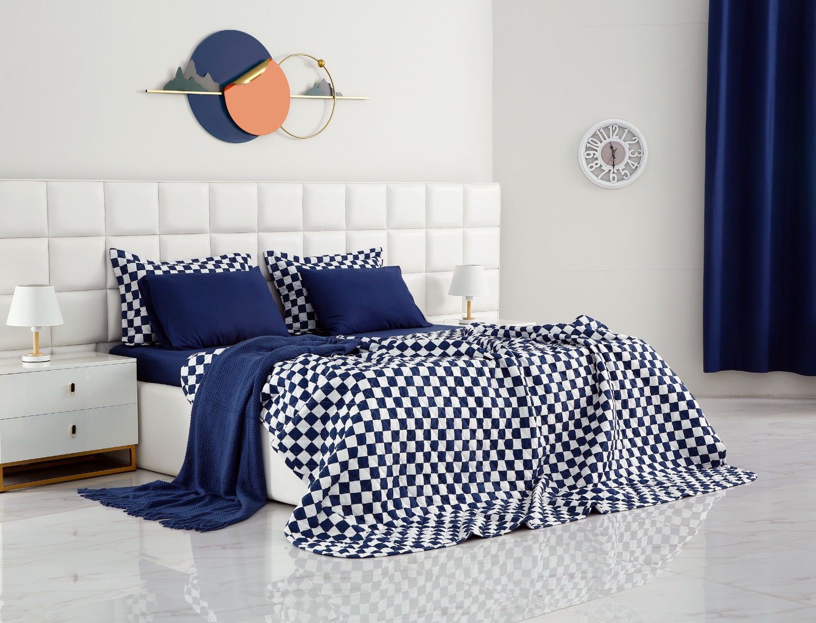 6 PCs Printed Bed Spread Set-Blue Chess Bed Spread Apricot   