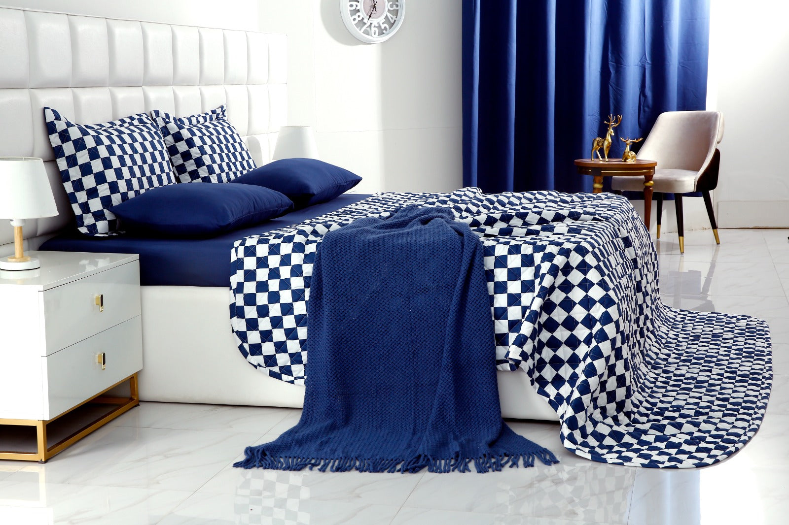 6 PCs Printed Bed Spread Set-Blue Chess Bed Spread Apricot   