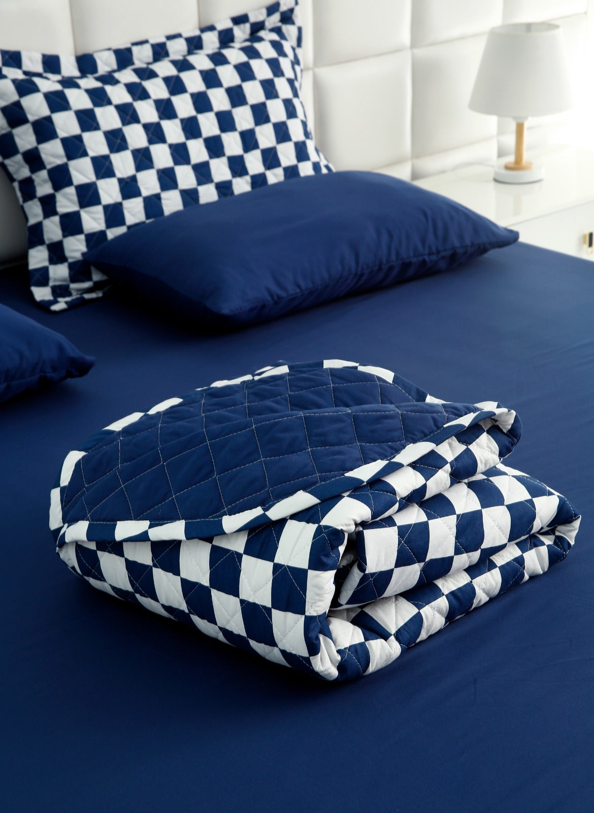 6 PCs Printed Bed Spread Set-Blue Chess Bed Spread Apricot   