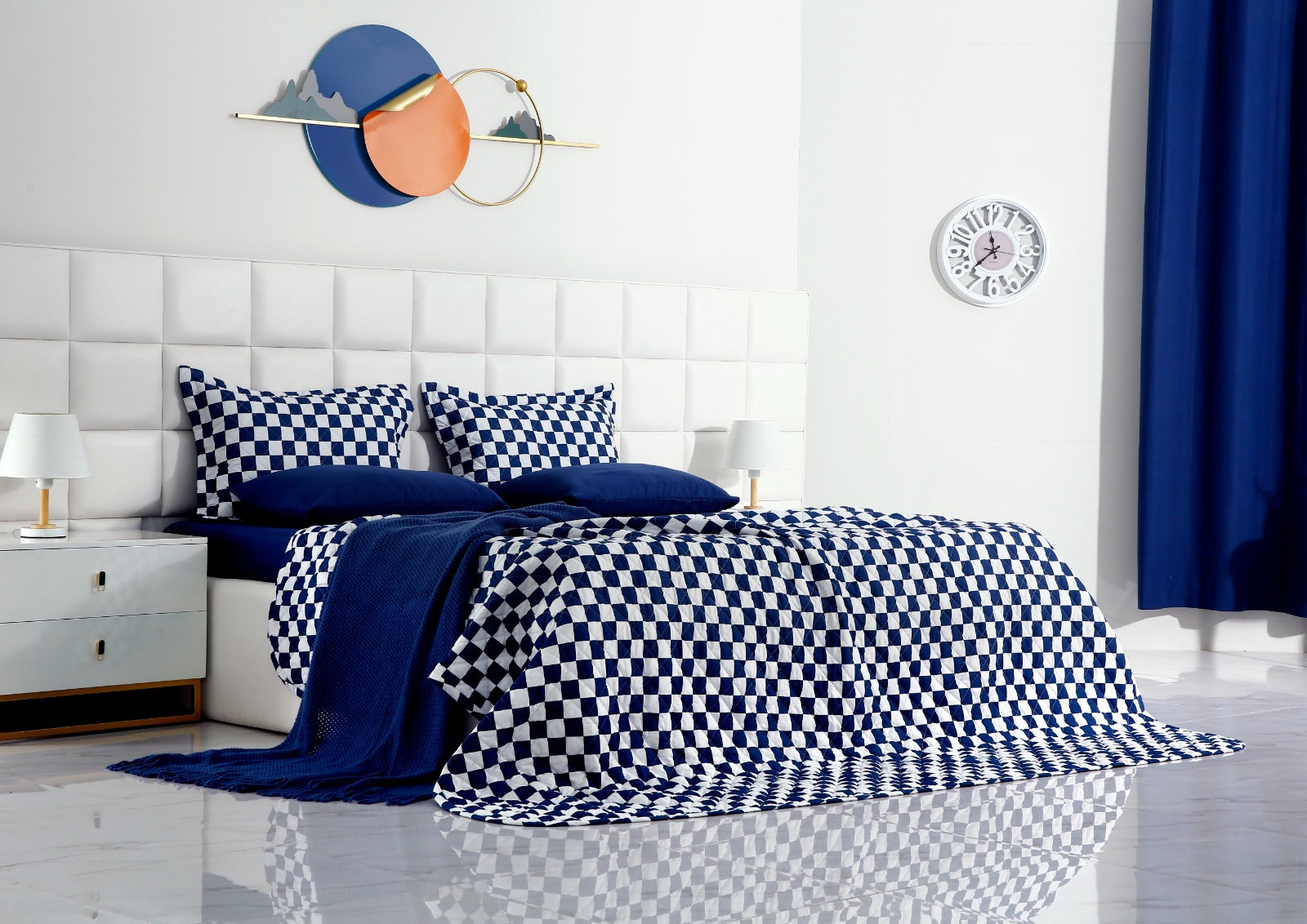 6 PCs Printed Bed Spread Set-Blue Chess Bed Spread Apricot   