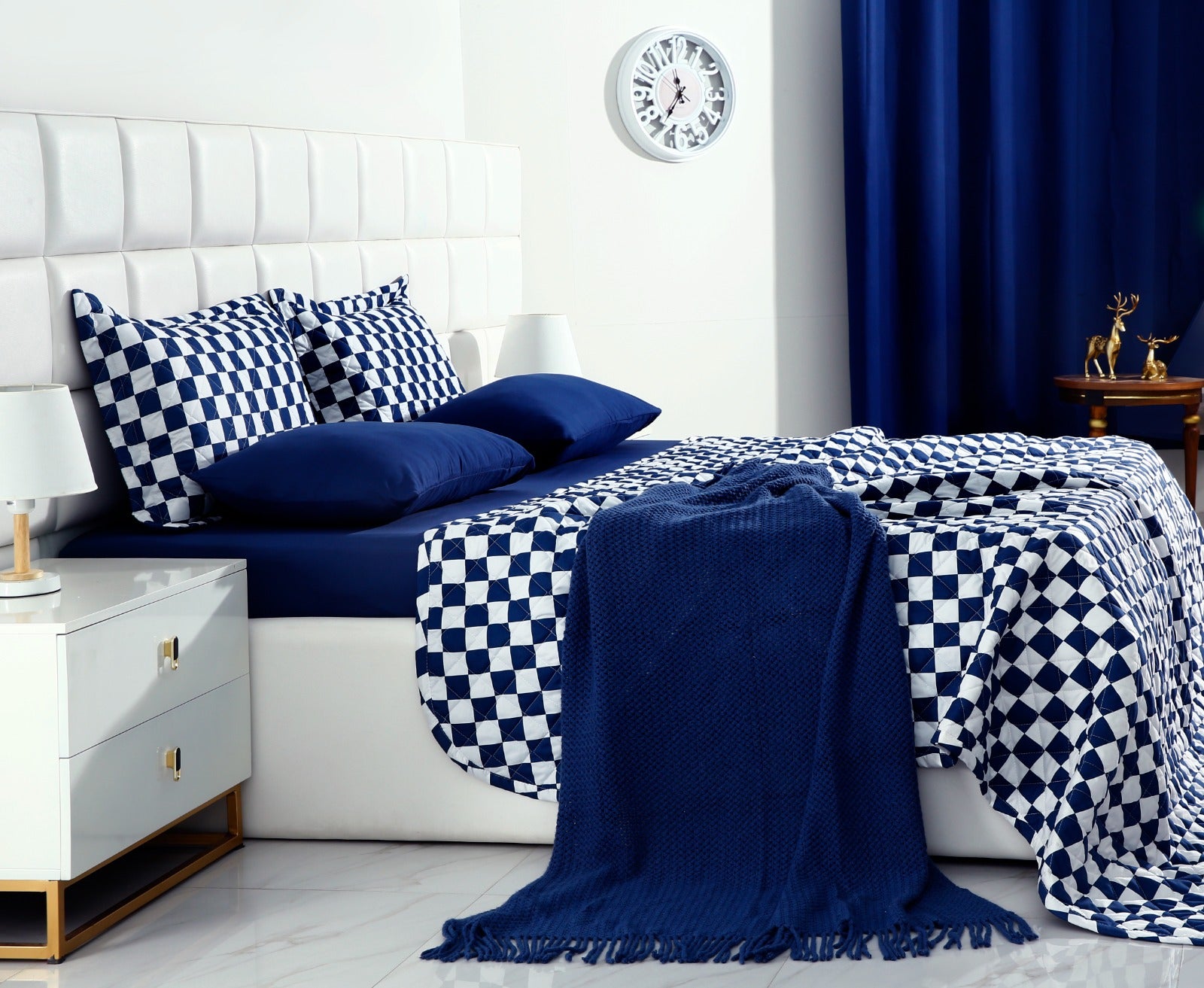 6 PCs Printed Bed Spread Set-Blue Chess Bed Spread Apricot   