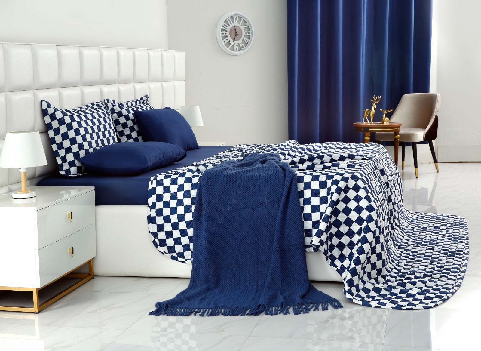 6 PCs Printed Bed Spread Set-Blue Chess Bed Spread Apricot   