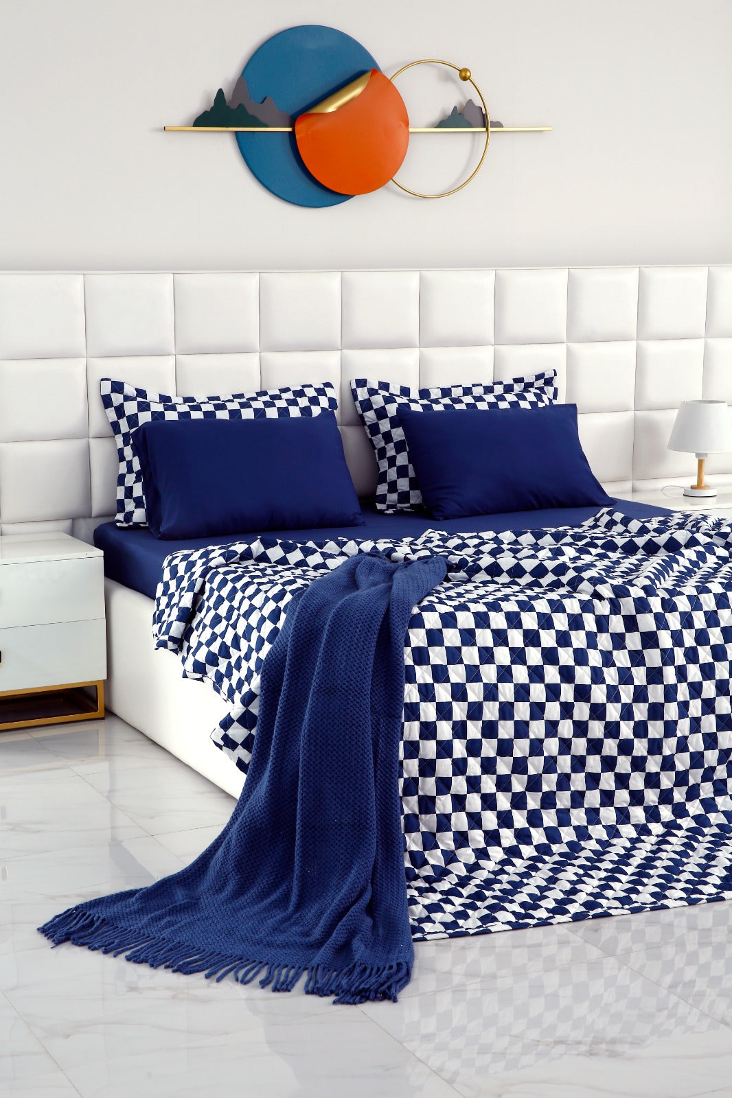 6 PCs Printed Bed Spread Set-Blue Chess Bed Spread Apricot   