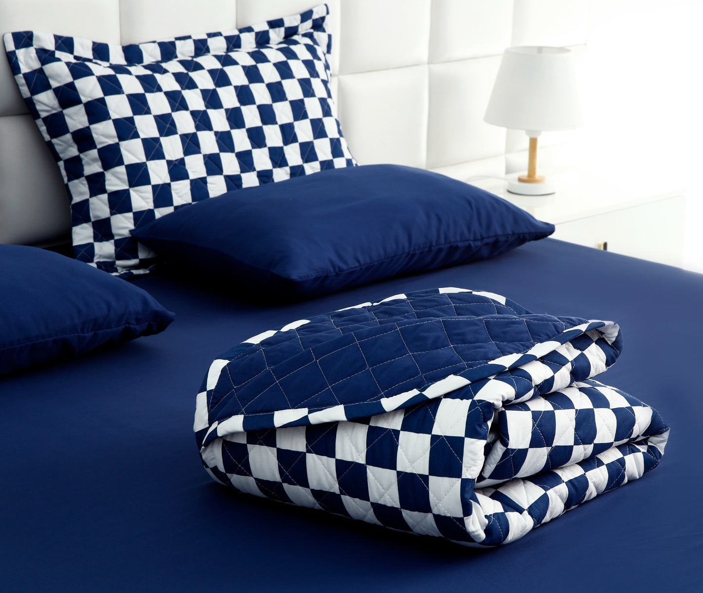 6 PCs Printed Bed Spread Set-Blue Chess Bed Spread Apricot   