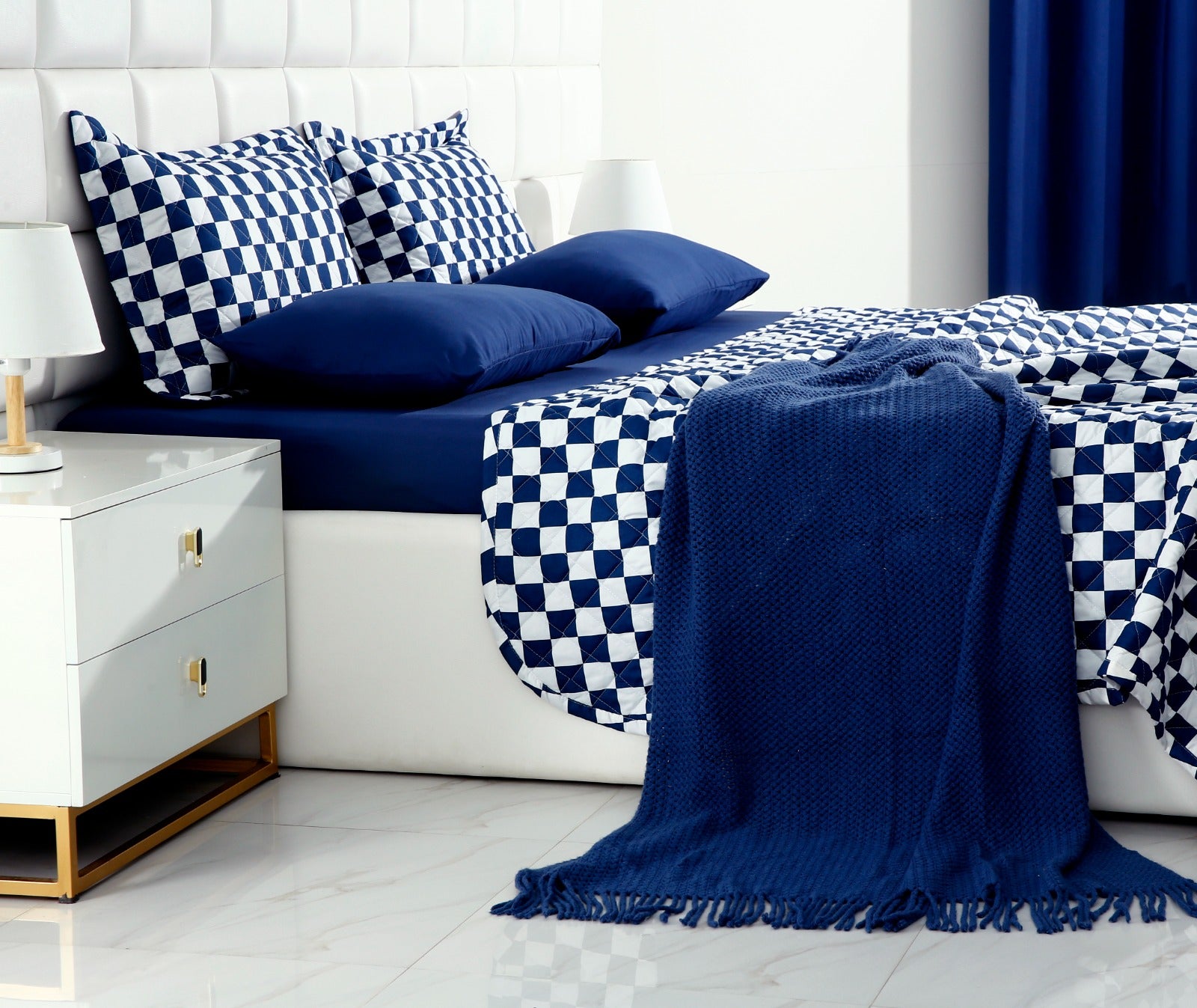 6 PCs Printed Bed Spread Set-Blue Chess Bed Spread Apricot   