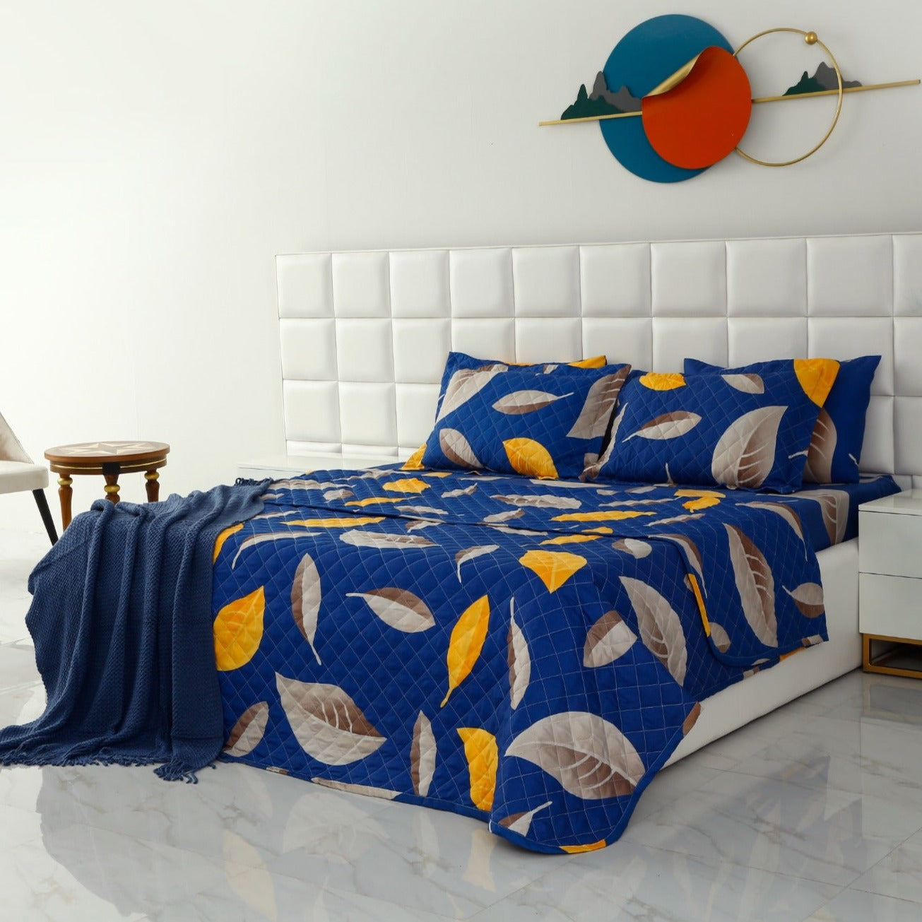 6 PCs Printed Bed Spread Set-Blue Oasis Bed Spread Apricot   