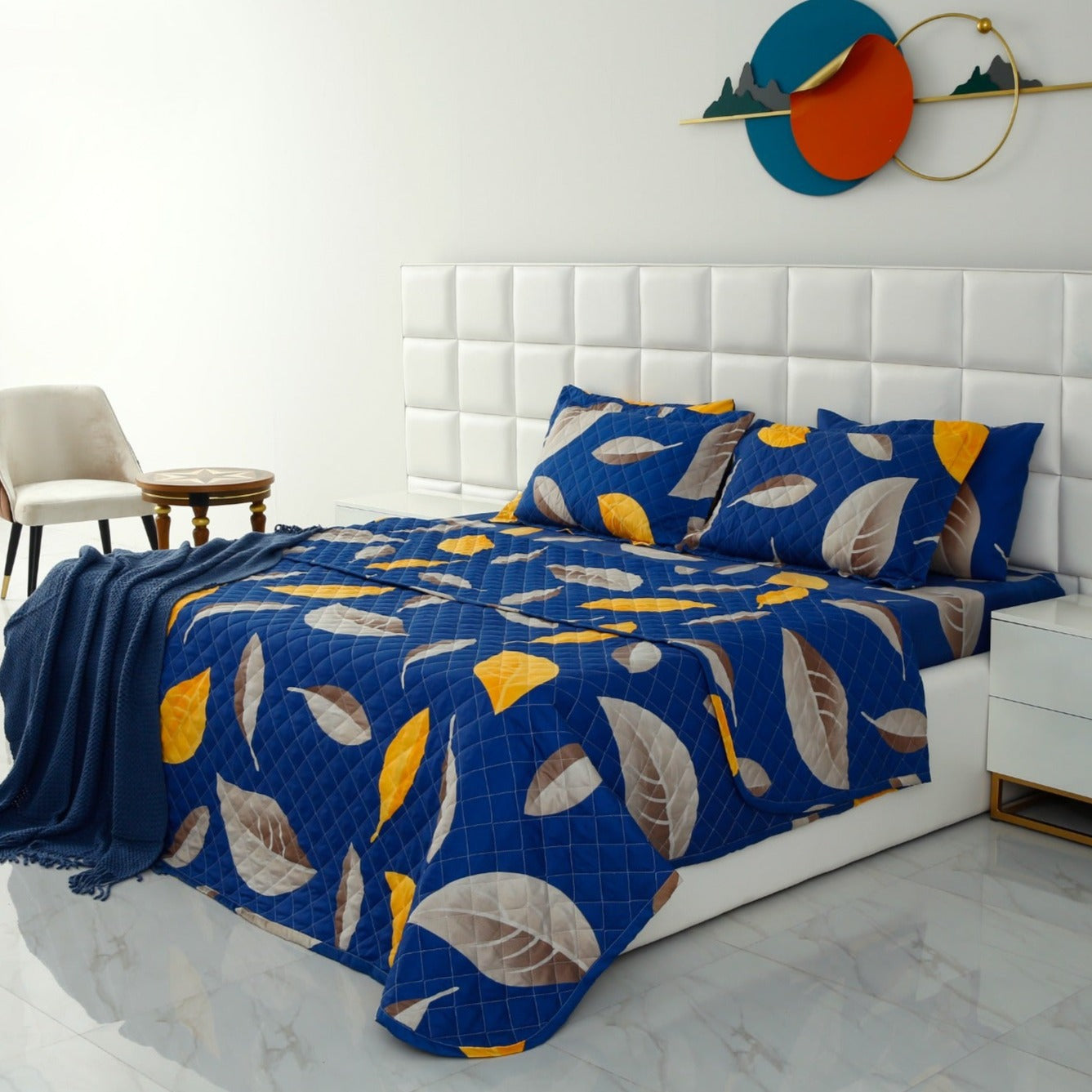 6 PCs Printed Bed Spread Set-Blue Oasis Bed Spread Apricot   