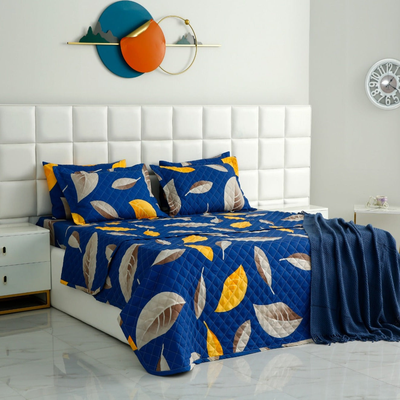 6 PCs Printed Bed Spread Set-Blue Oasis Bed Spread Apricot   