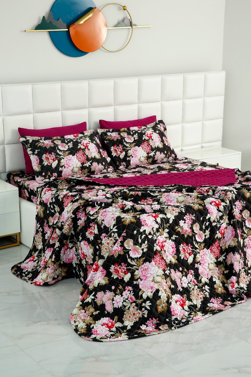 6 PCs Printed Bed Spread Set-Dhalia Bed Spread Apricot   