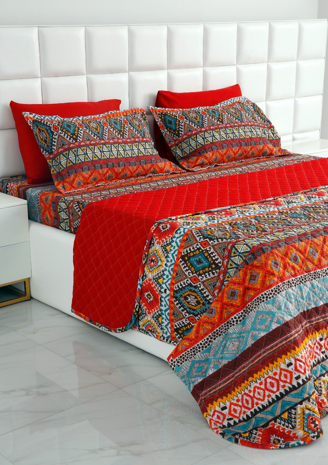 6 PCs Printed Bed Spread Set-Ethnic Bed Spread Apricot   