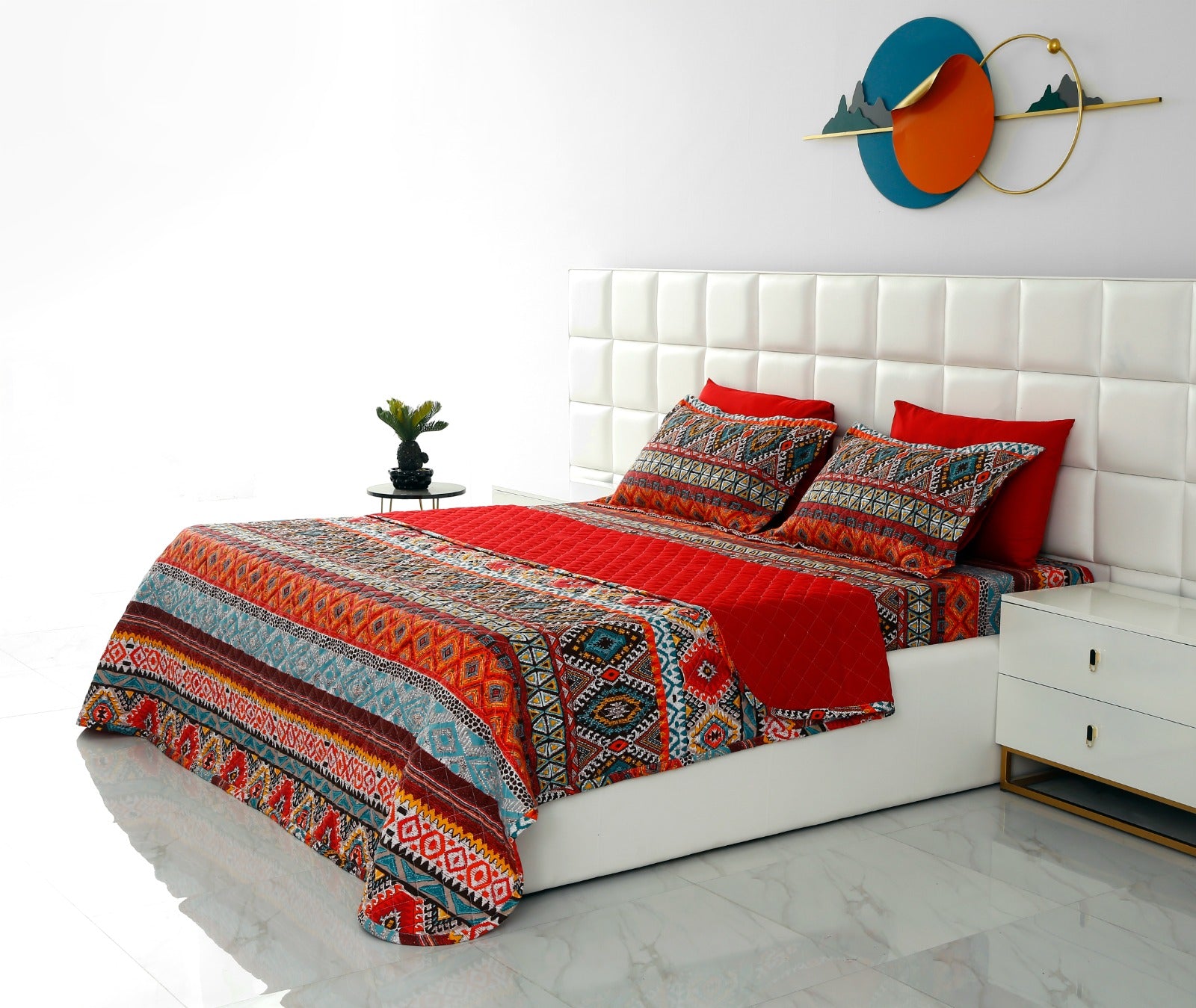 6 PCs Printed Bed Spread Set-Ethnic Bed Spread Apricot   