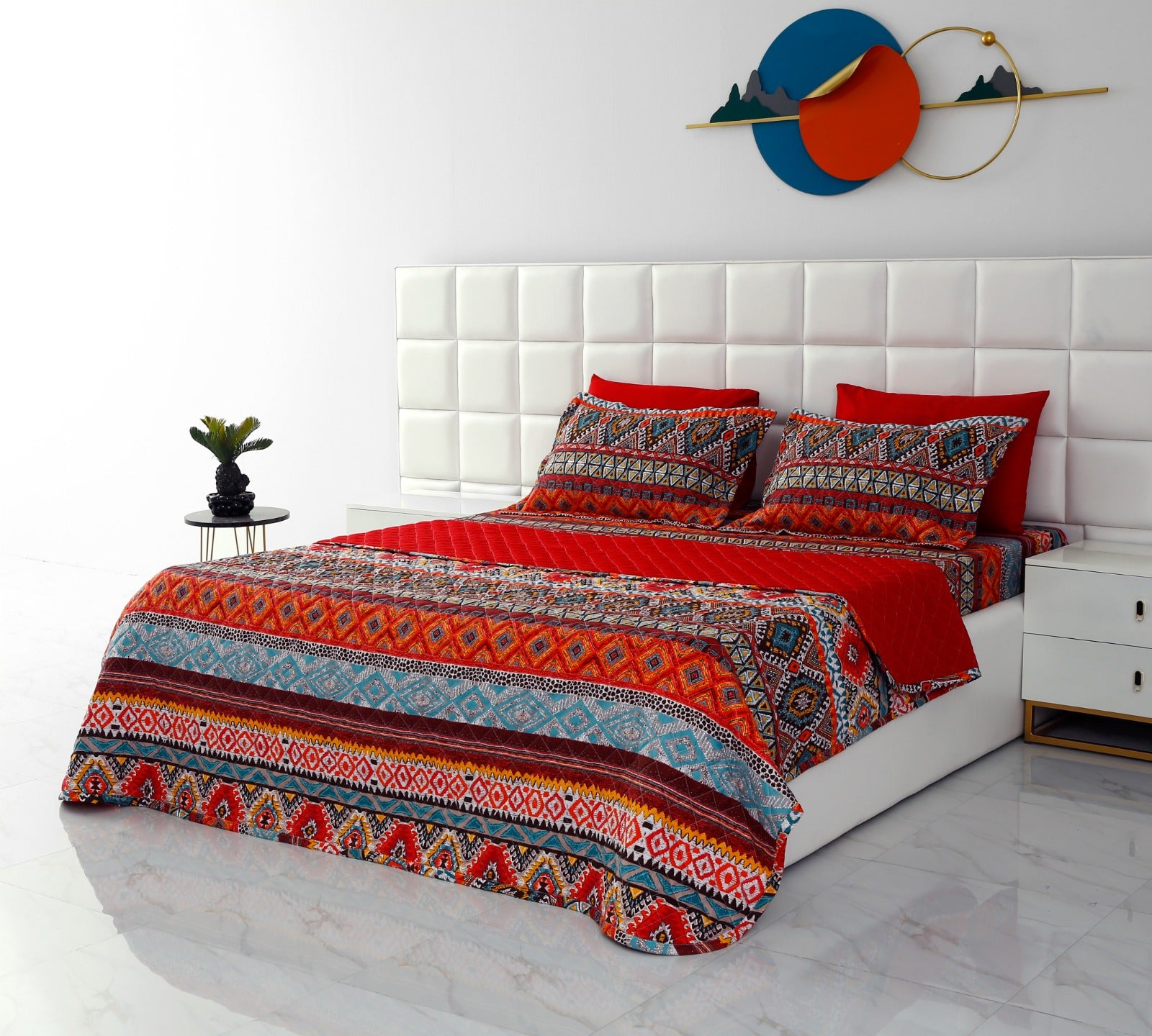 6 PCs Printed Bed Spread Set-Ethnic Bed Spread Apricot   