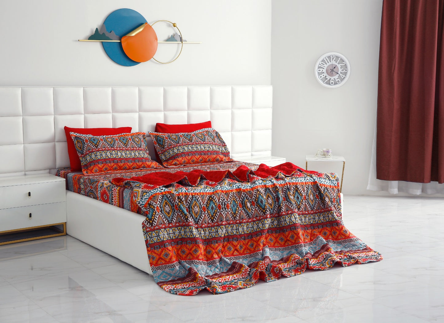 6 PCs Printed Bed Spread Set-Ethnic Bed Spread Apricot   