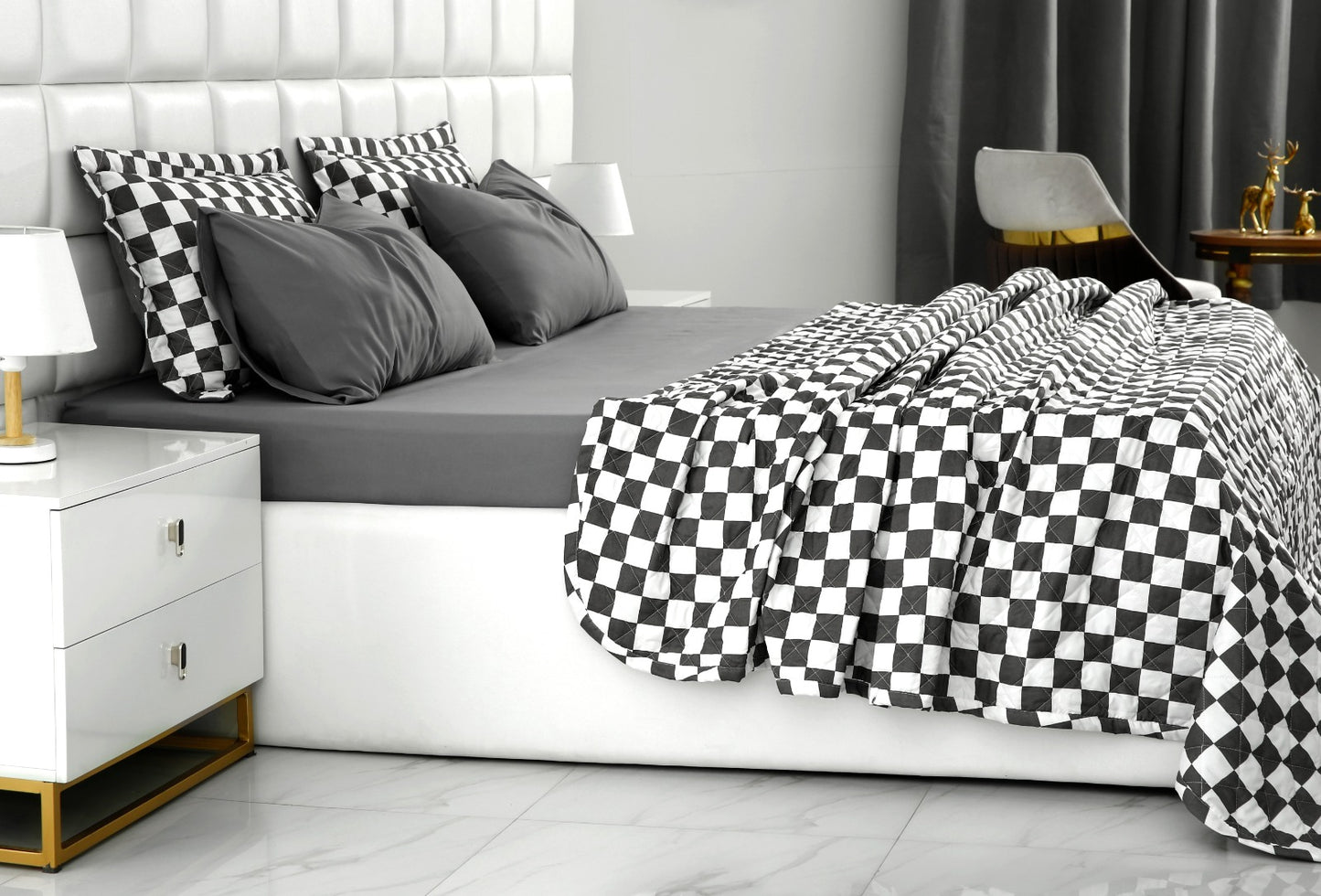 6 PCs Printed Bed Spread Set-Grey Chess Bed Spread Apricot   