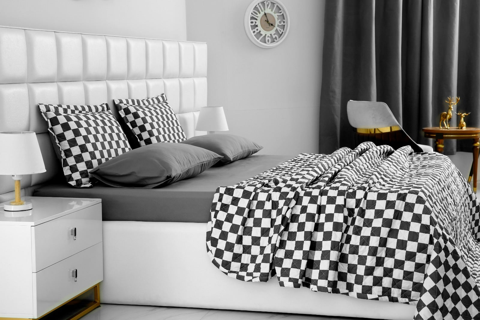 6 PCs Printed Bed Spread Set-Grey Chess Bed Spread Apricot   