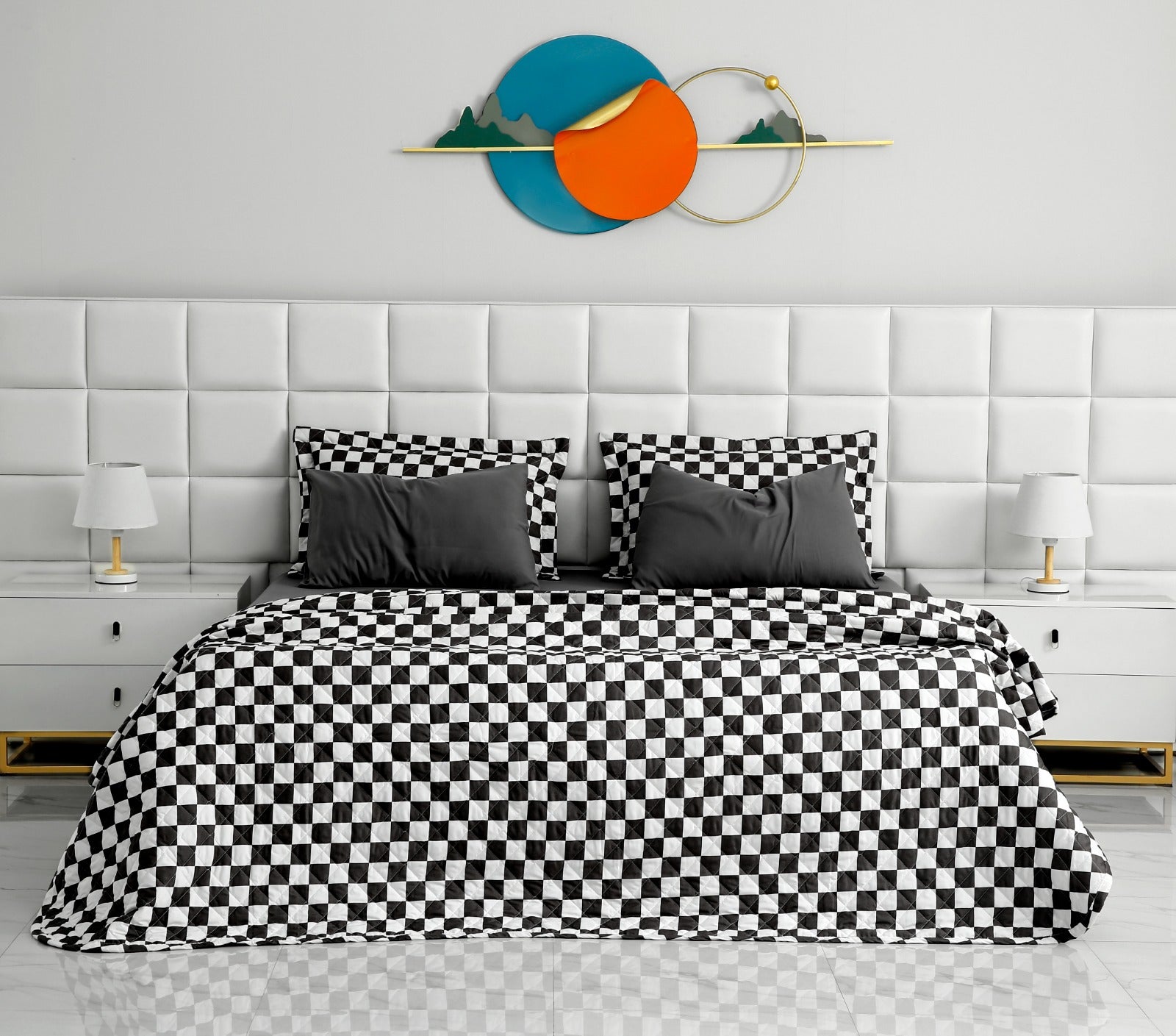 6 PCs Printed Bed Spread Set-Grey Chess Bed Spread Apricot   