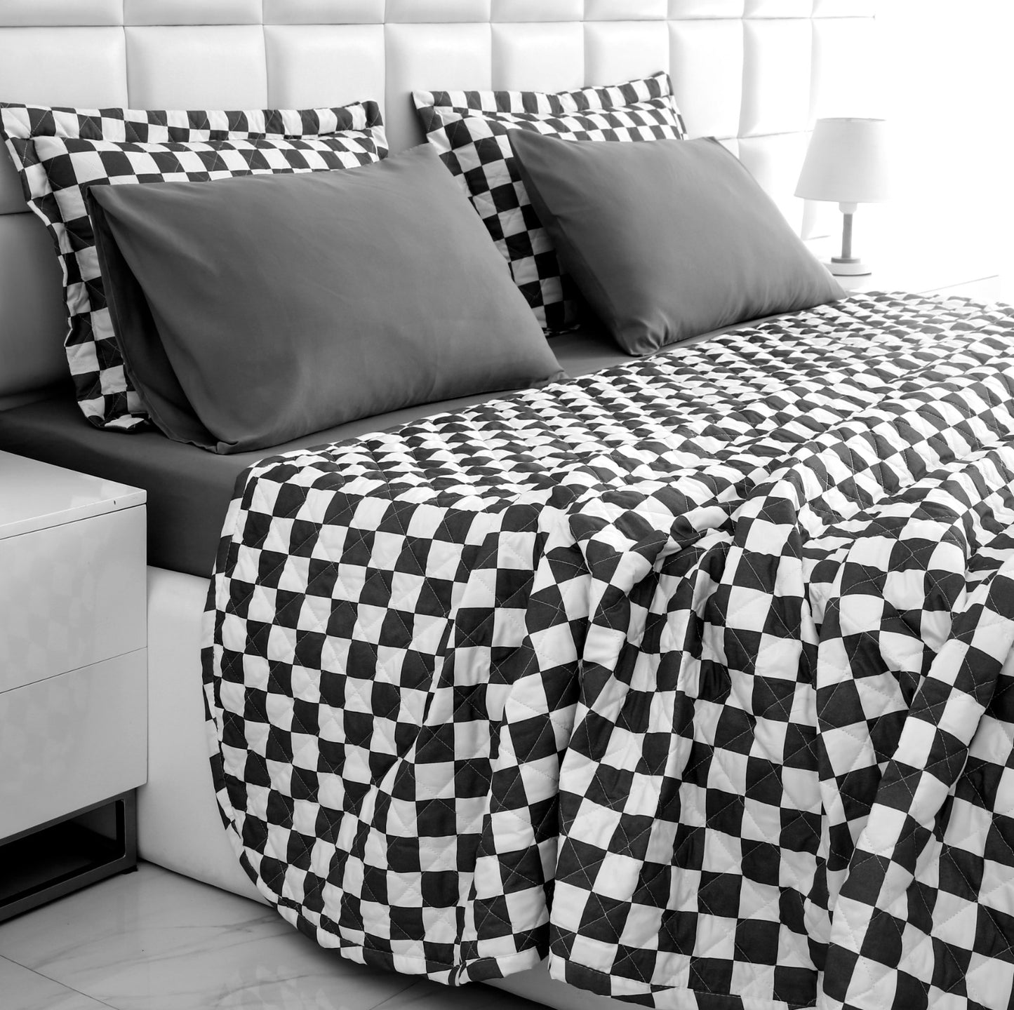 6 PCs Printed Bed Spread Set-Grey Chess Bed Spread Apricot   