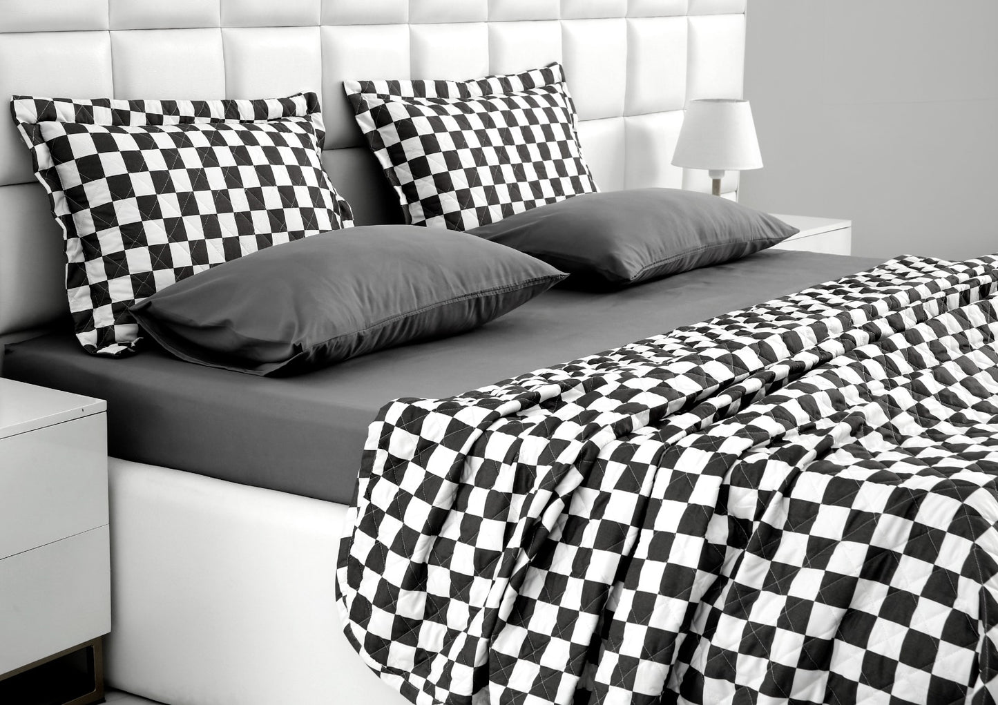 6 PCs Printed Bed Spread Set-Grey Chess Bed Spread Apricot   