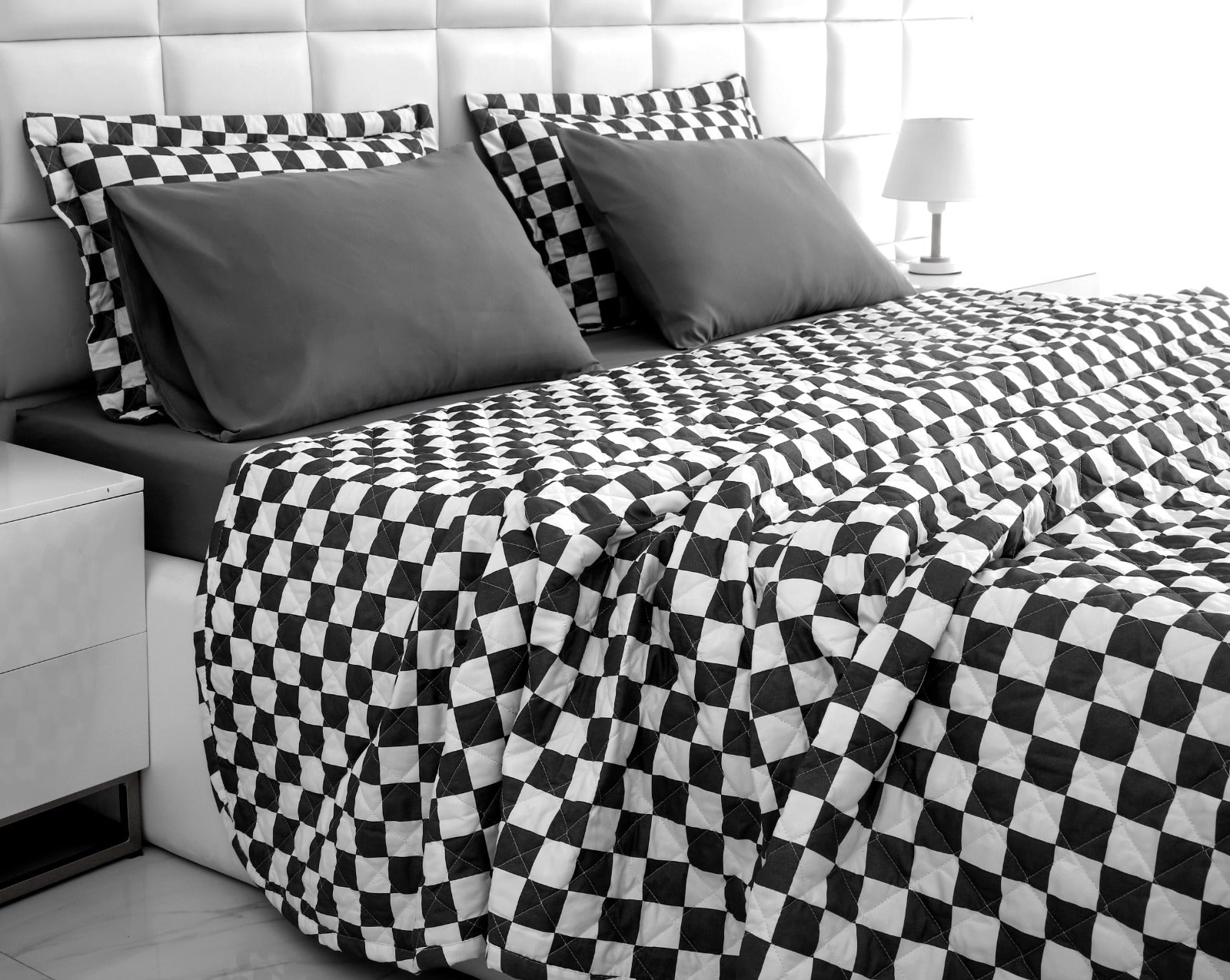 6 PCs Printed Bed Spread Set-Grey Chess Bed Spread Apricot   