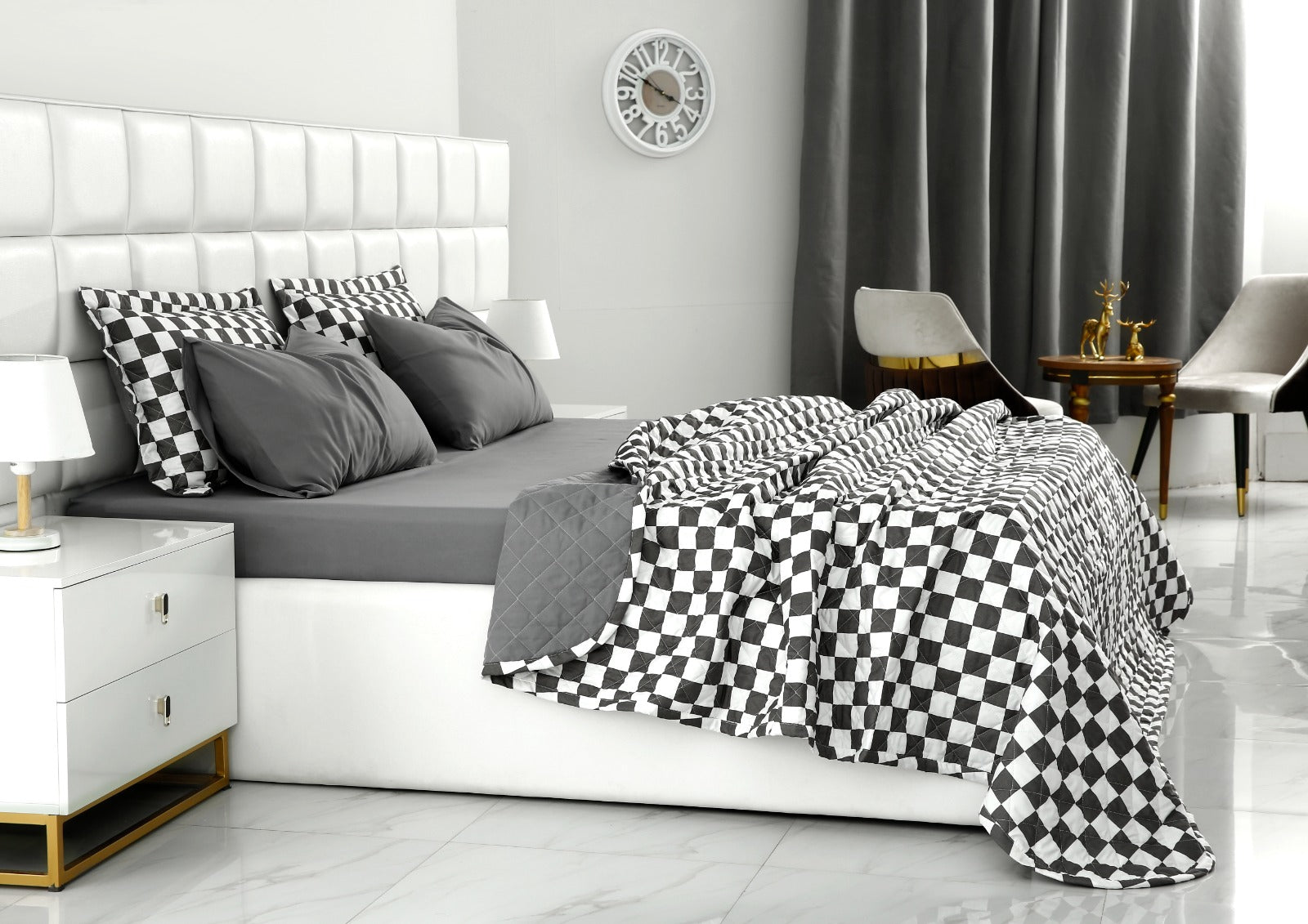 6 PCs Printed Bed Spread Set-Grey Chess Bed Spread Apricot   