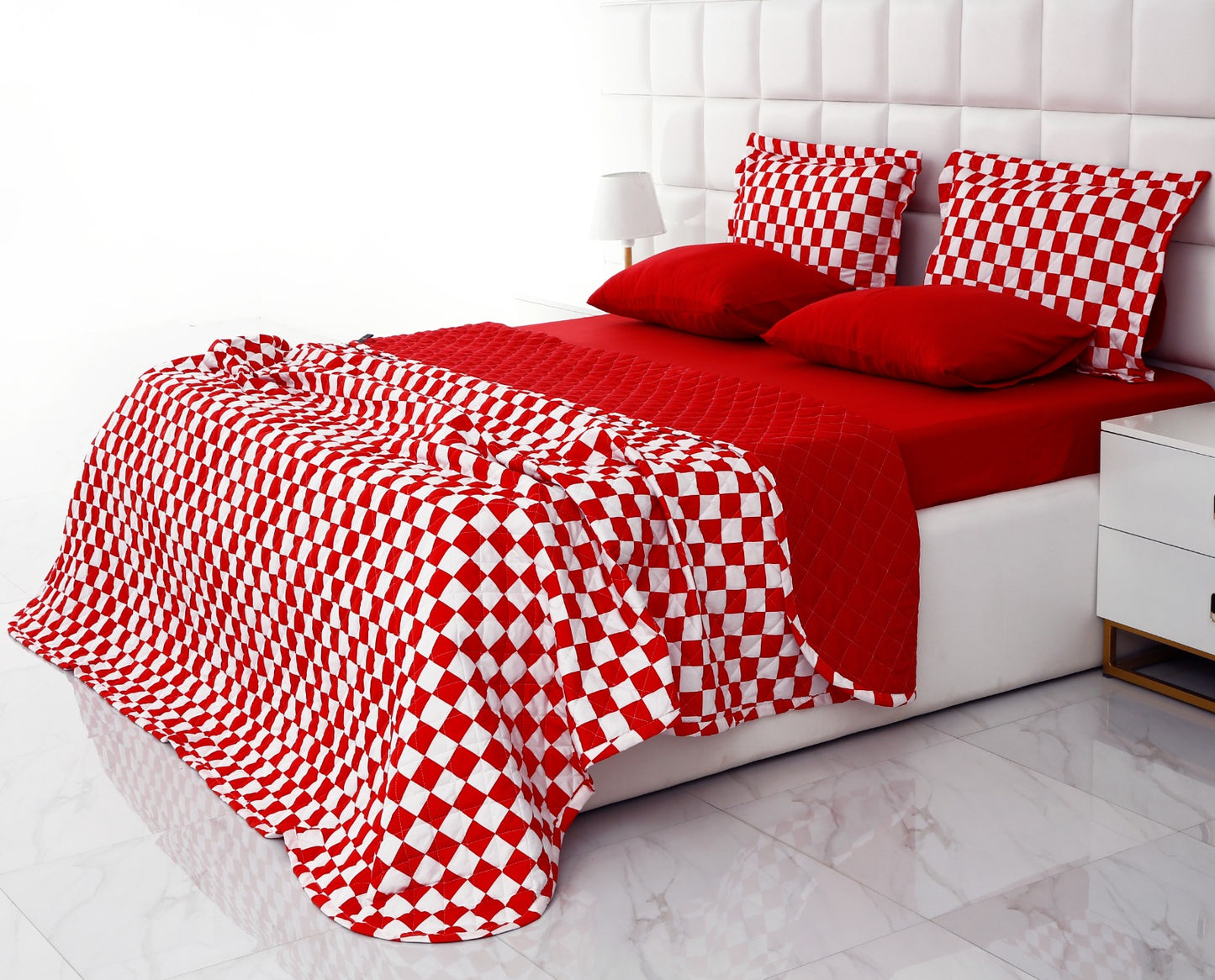 6 PCs Printed Bed Spread Set-Red Chess Bed Spread Apricot   