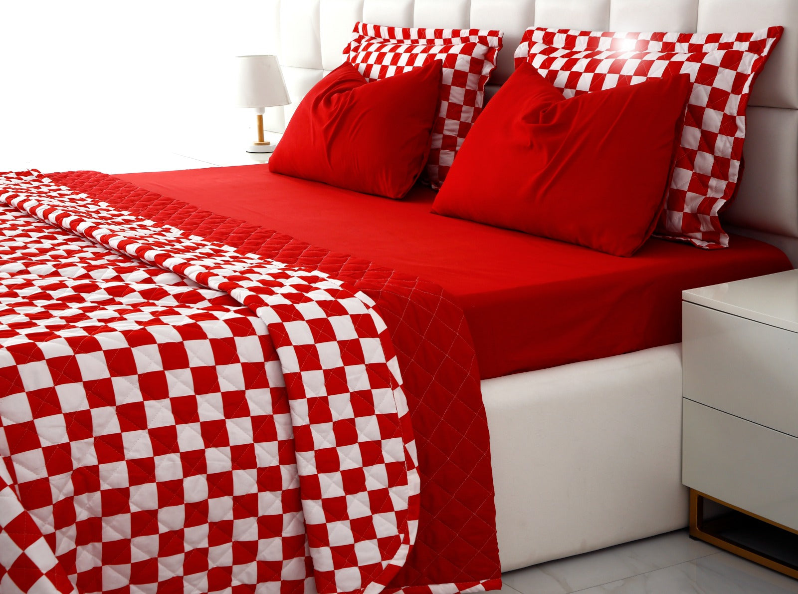 6 PCs Printed Bed Spread Set-Red Chess Bed Spread Apricot   