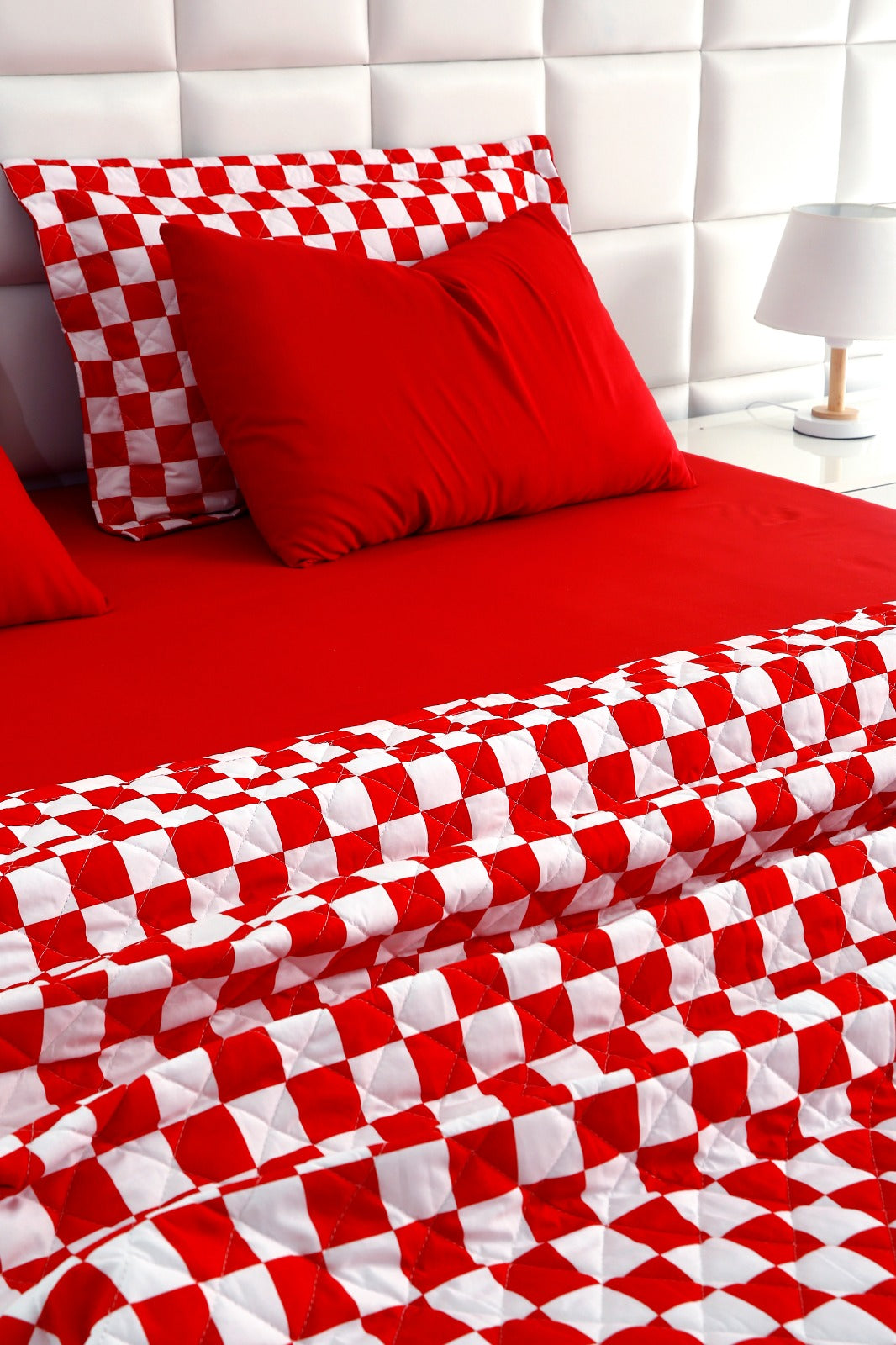 6 PCs Printed Bed Spread Set-Red Chess Bed Spread Apricot   