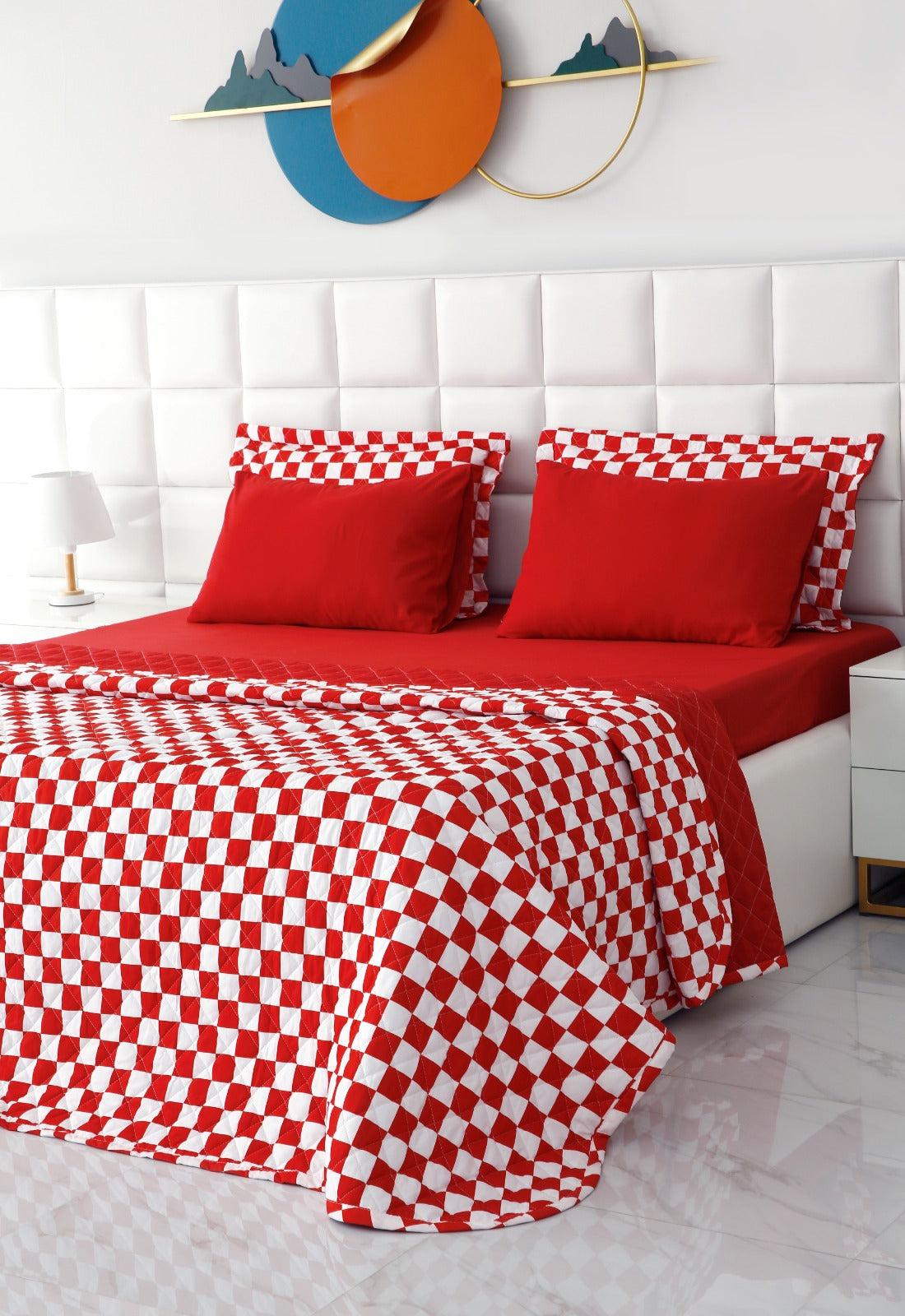 6 PCs Printed Bed Spread Set-Red Chess Bed Spread Apricot   