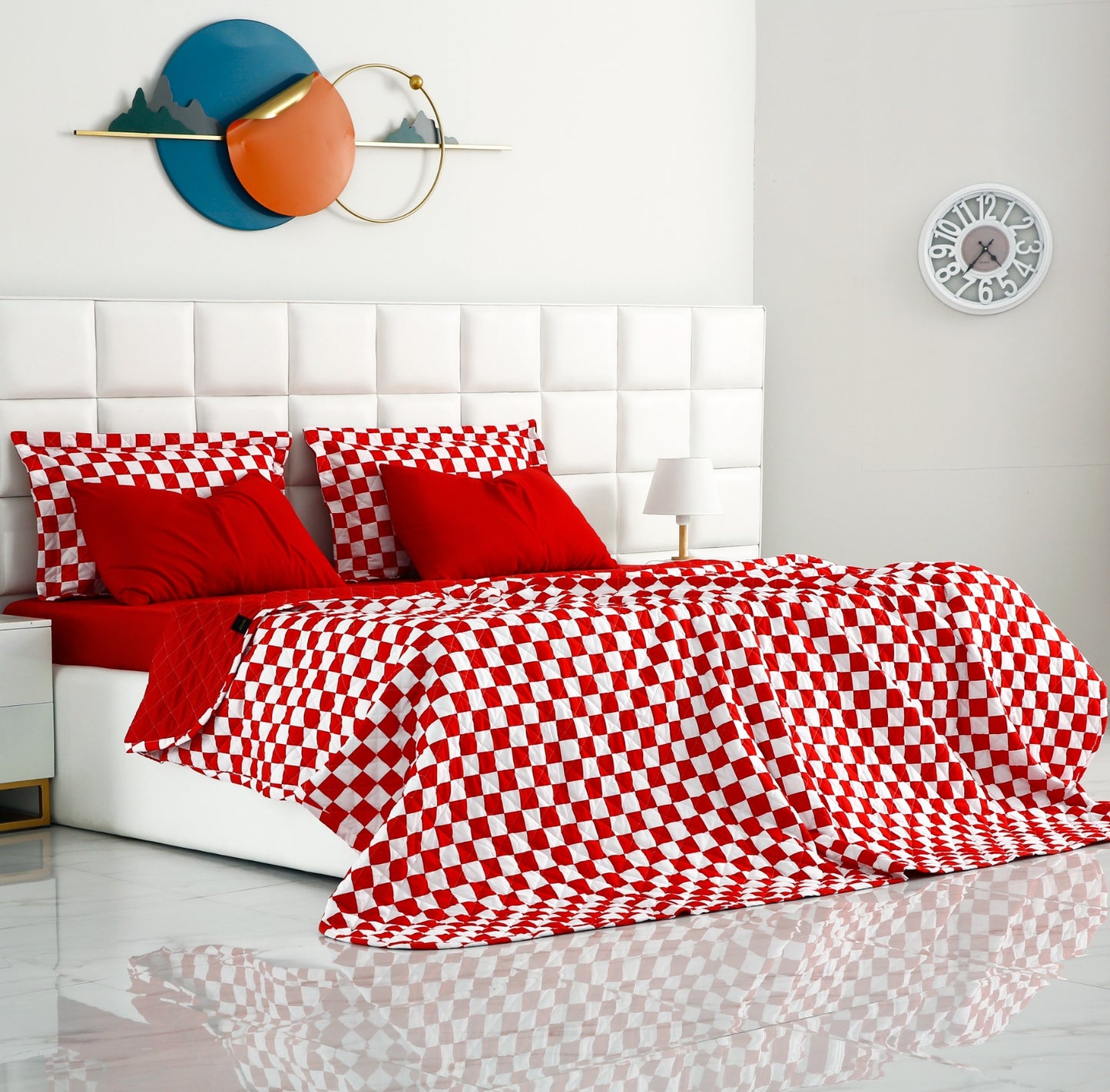 6 PCs Printed Bed Spread Set-Red Chess Bed Spread Apricot   