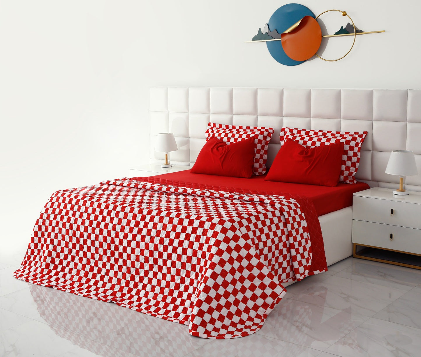 6 PCs Printed Bed Spread Set-Red Chess Bed Spread Apricot   