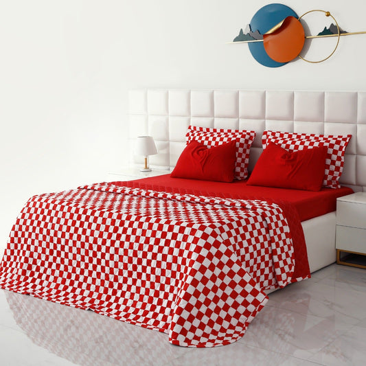 6 PCs Printed Bed Spread Set-Red Chess Bed Spread Apricot   