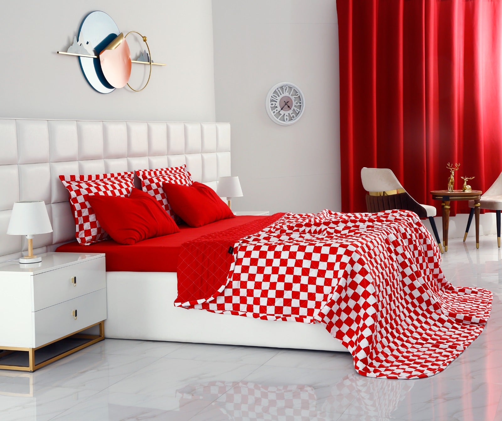 6 PCs Printed Bed Spread Set-Red Chess Bed Spread Apricot   