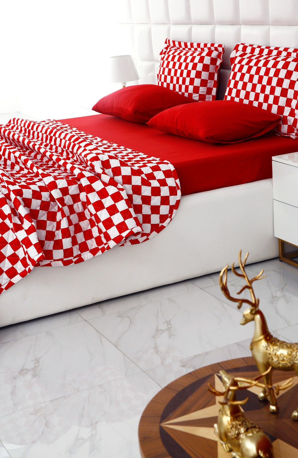 6 PCs Printed Bed Spread Set-Red Chess Bed Spread Apricot   