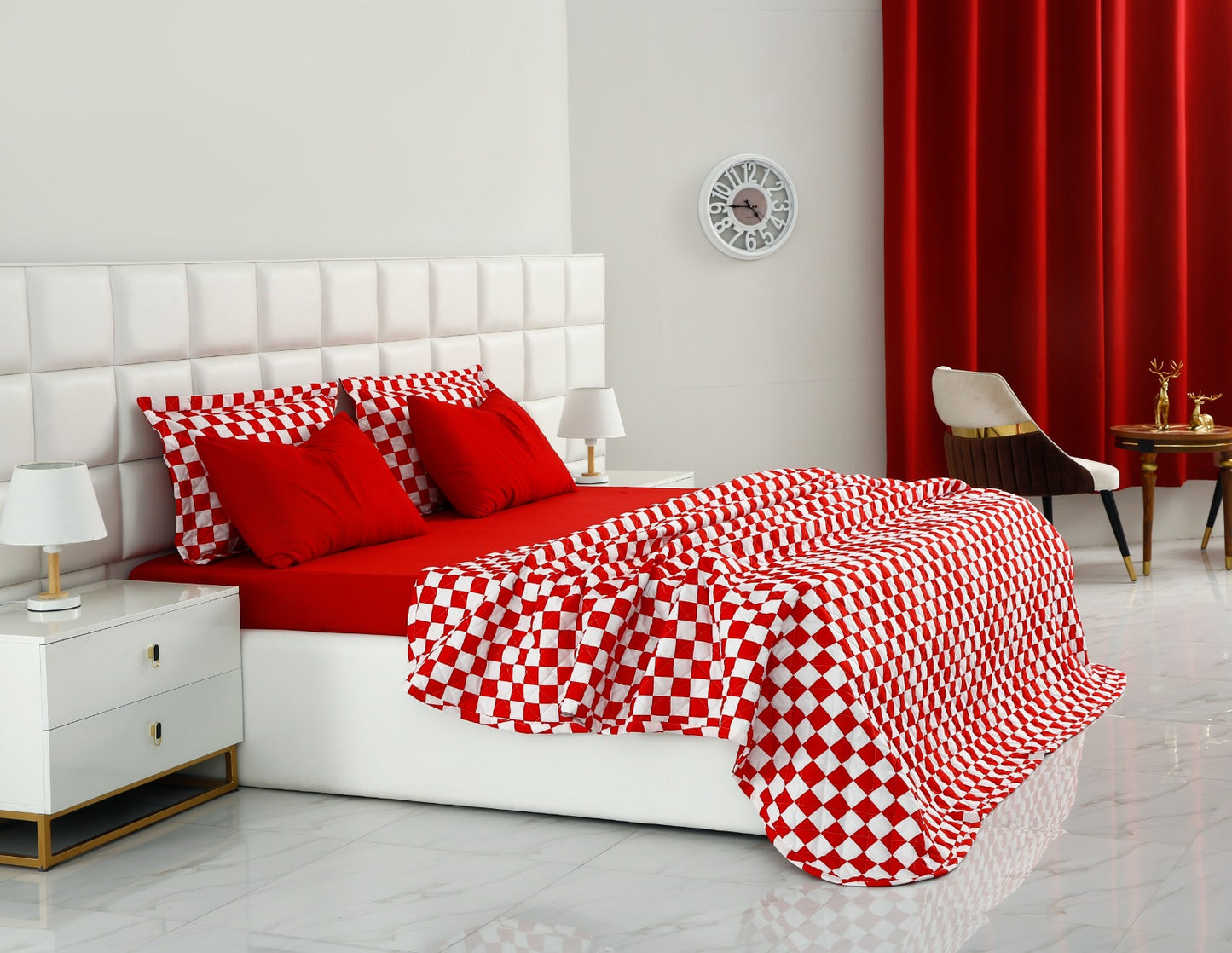 6 PCs Printed Bed Spread Set-Red Chess Bed Spread Apricot   