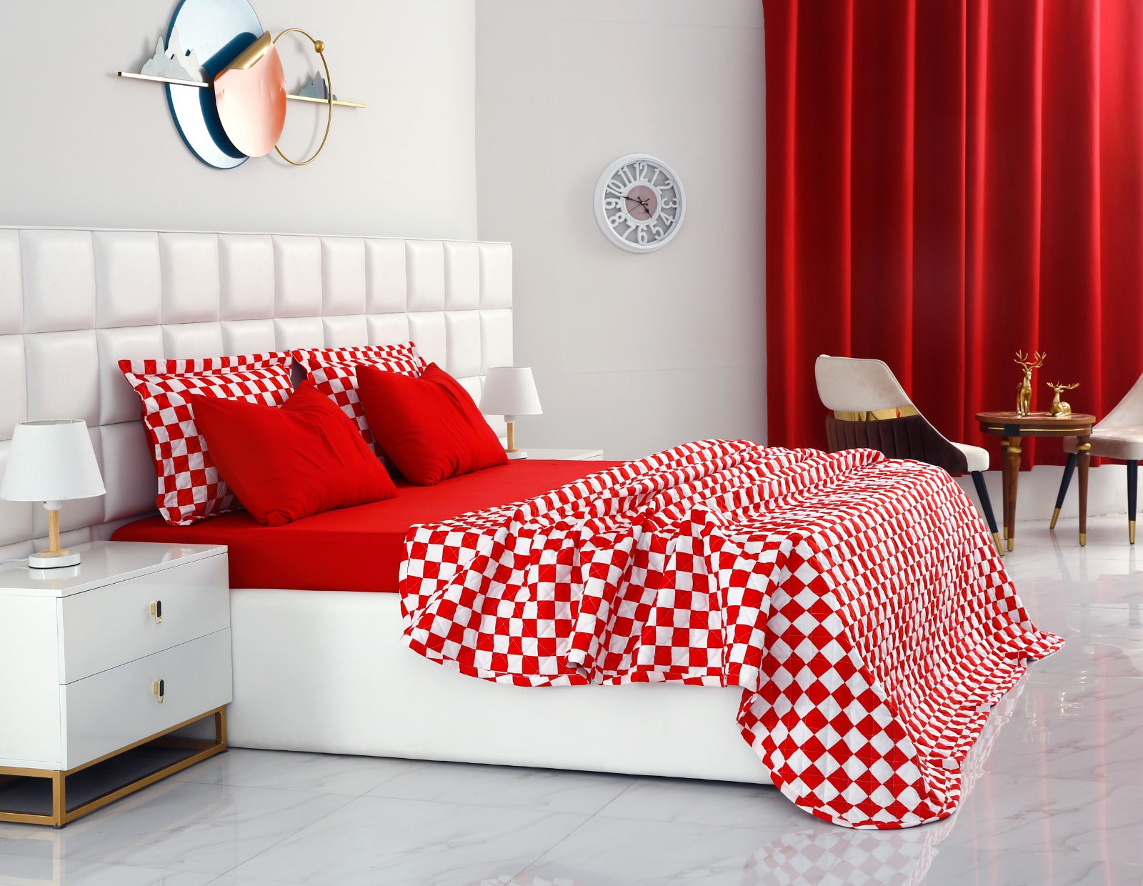 6 PCs Printed Bed Spread Set-Red Chess Bed Spread Apricot   