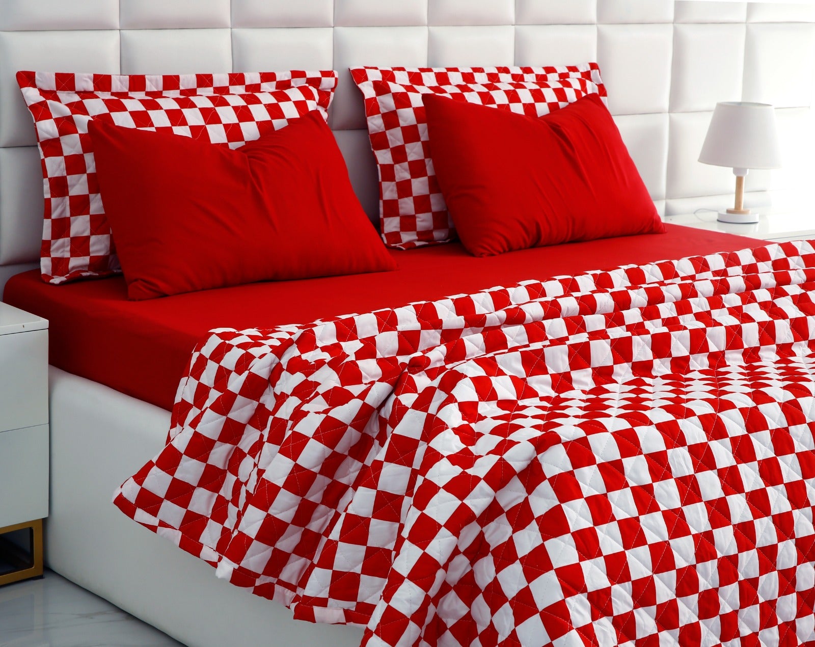 6 PCs Printed Bed Spread Set-Red Chess Bed Spread Apricot   