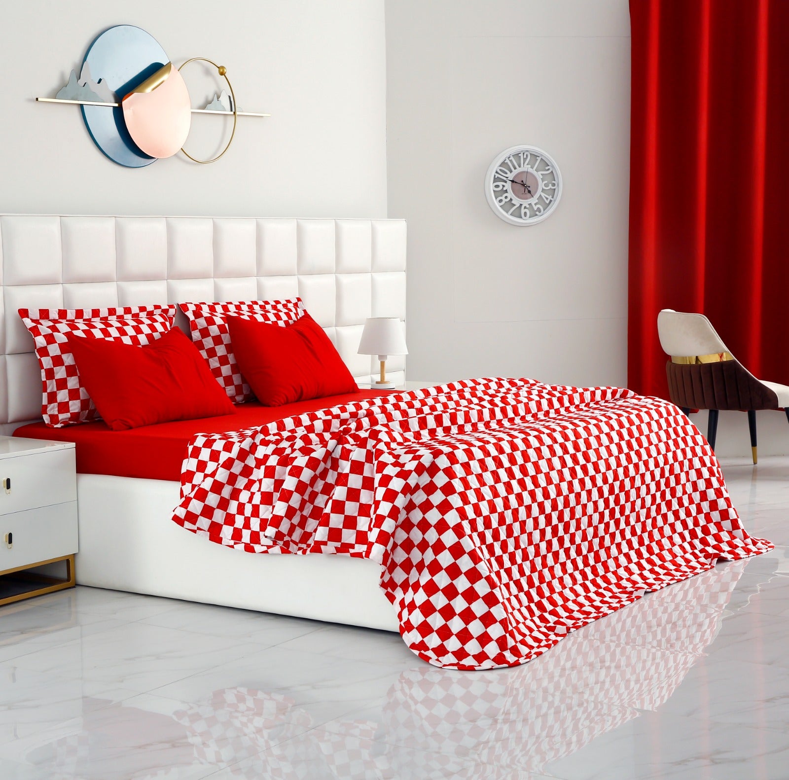 6 PCs Printed Bed Spread Set-Red Chess Bed Spread Apricot   