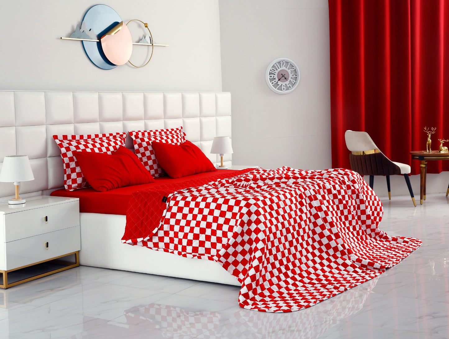 6 PCs Printed Bed Spread Set-Red Chess Bed Spread Apricot   