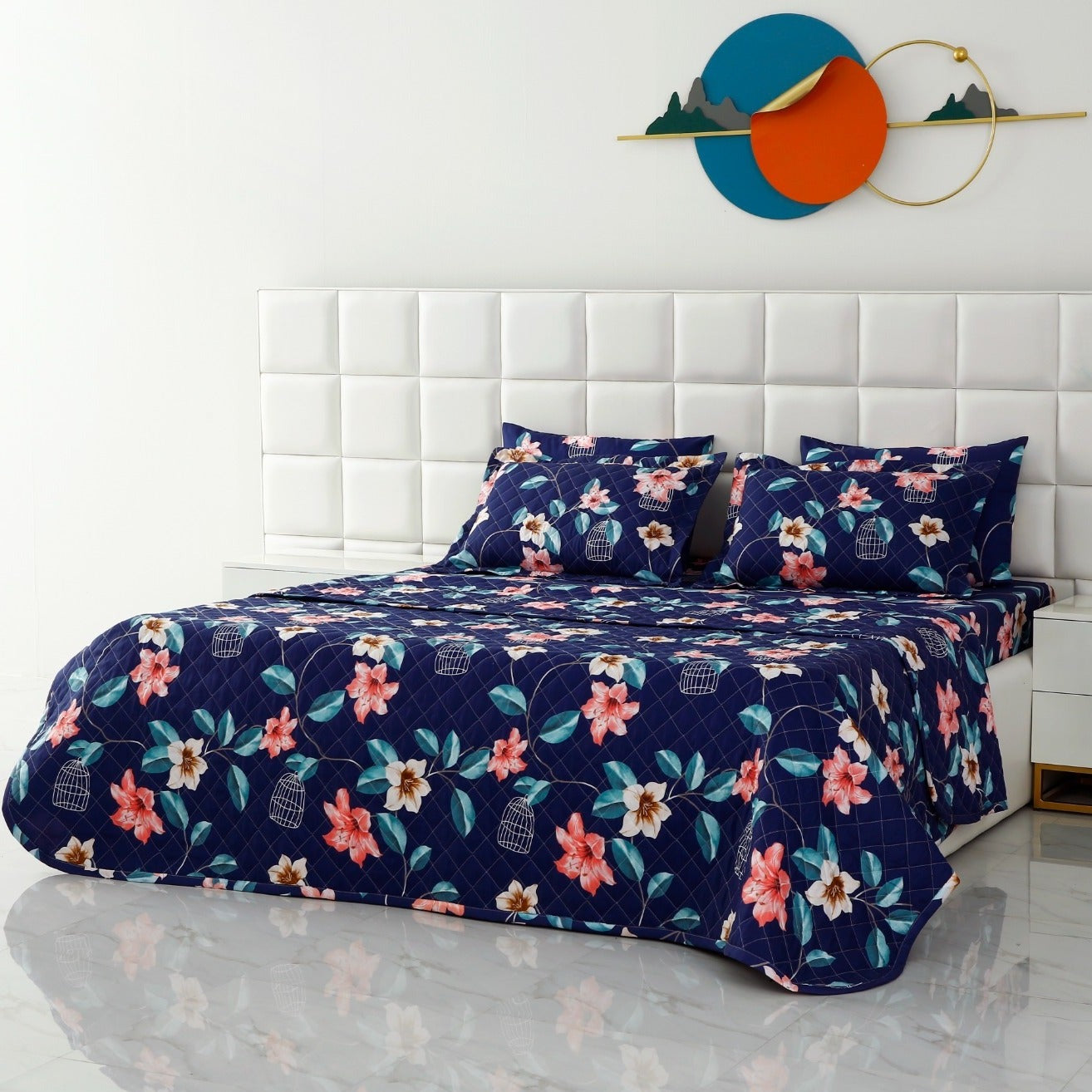 6 PCs Printed Bed Spread Set-Rosette Flower Bed Spread Apricot   