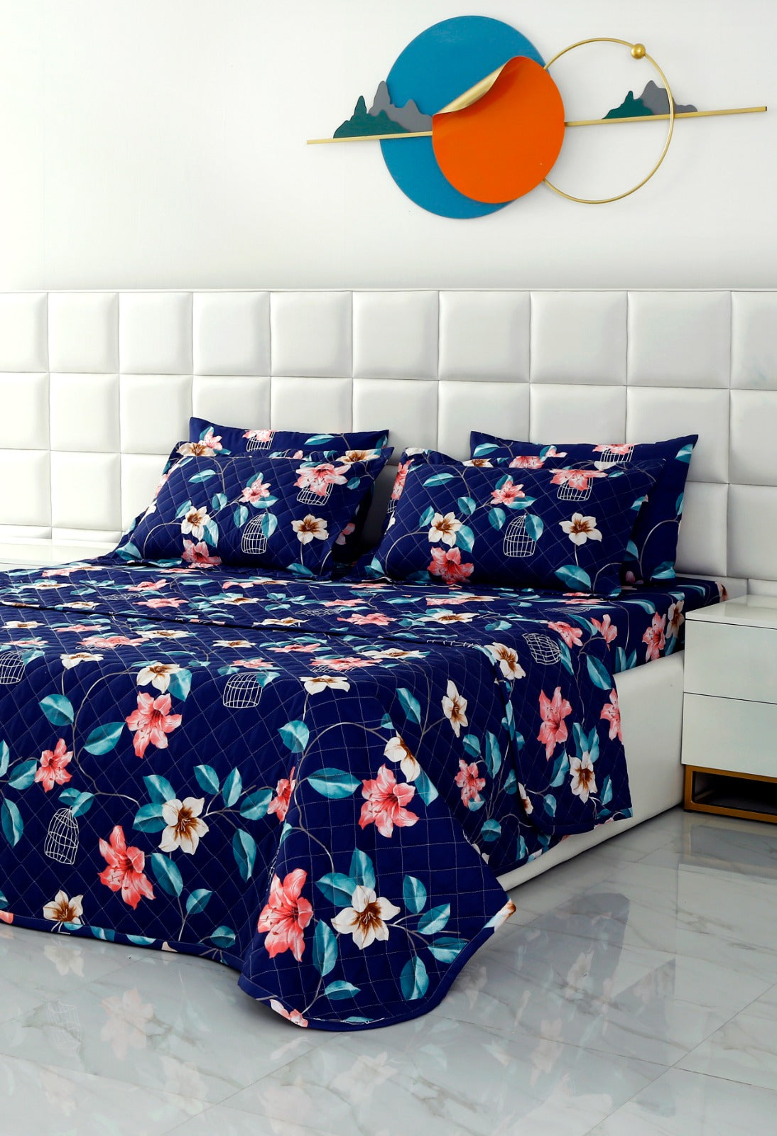 6 PCs Printed Bed Spread Set-Rosette Flower Bed Spread Apricot   