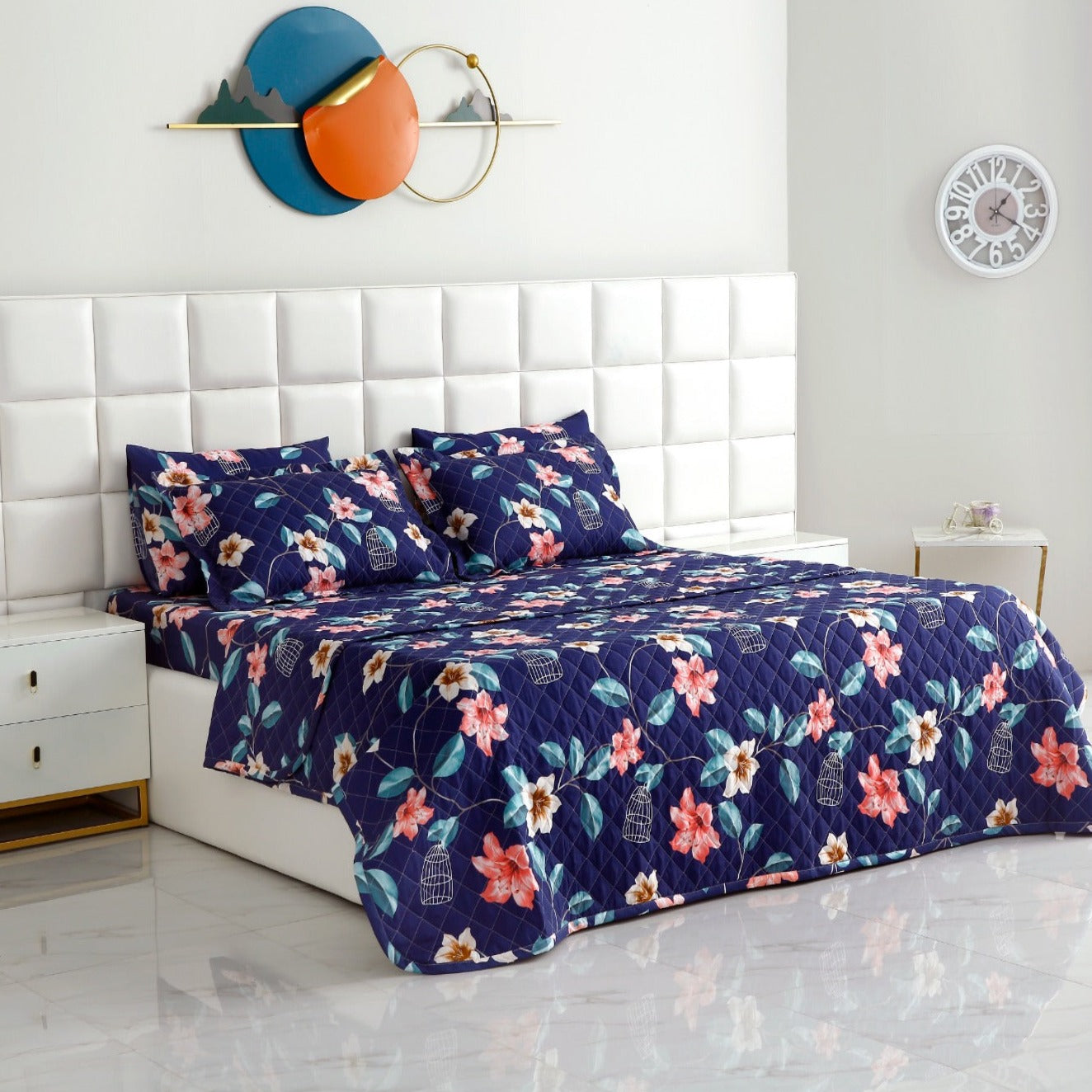 6 PCs Printed Bed Spread Set-Rosette Flower Bed Spread Apricot   