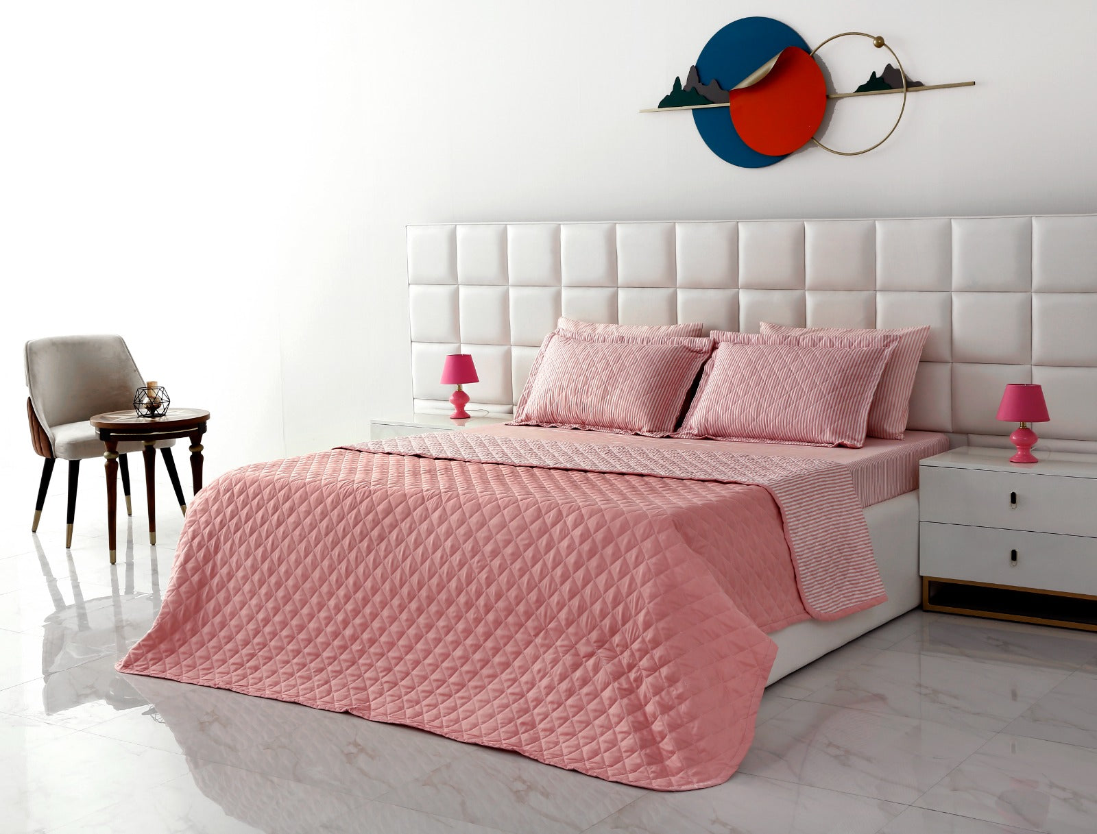 6 PCs Reversible Bed Spread Set-Pink Stripes Bed Spread Apricot   