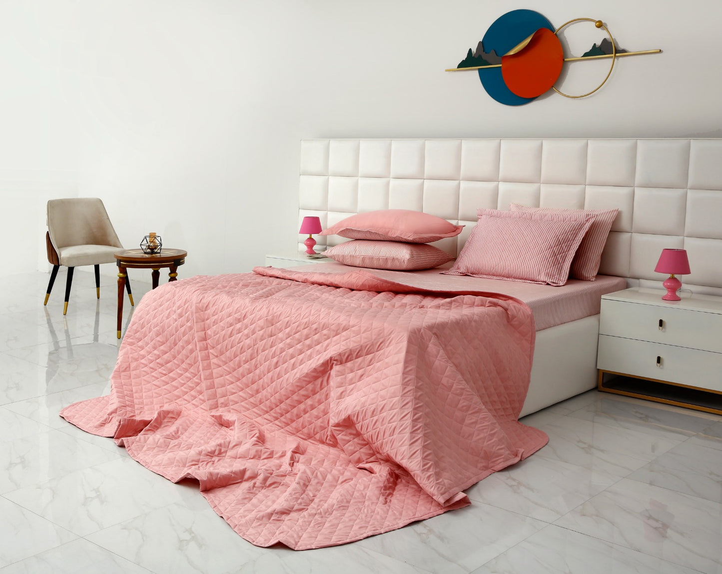 6 PCs Reversible Bed Spread Set-Pink Stripes Bed Spread Apricot   